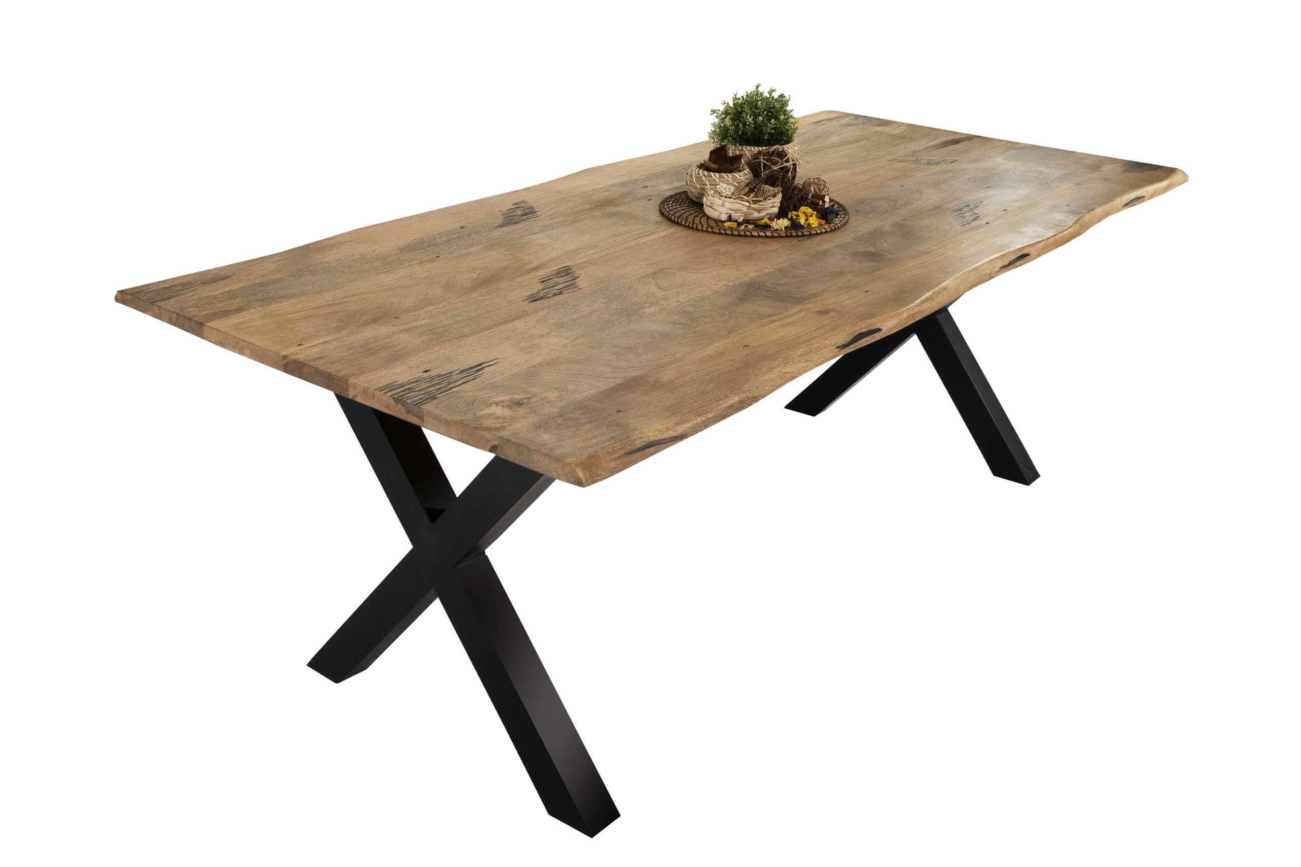 Baumkantentisch Mangoholz Esstisch Vintage-Optik 240 x 100 cm X-Gestell schwarz TIGER – Bild 3