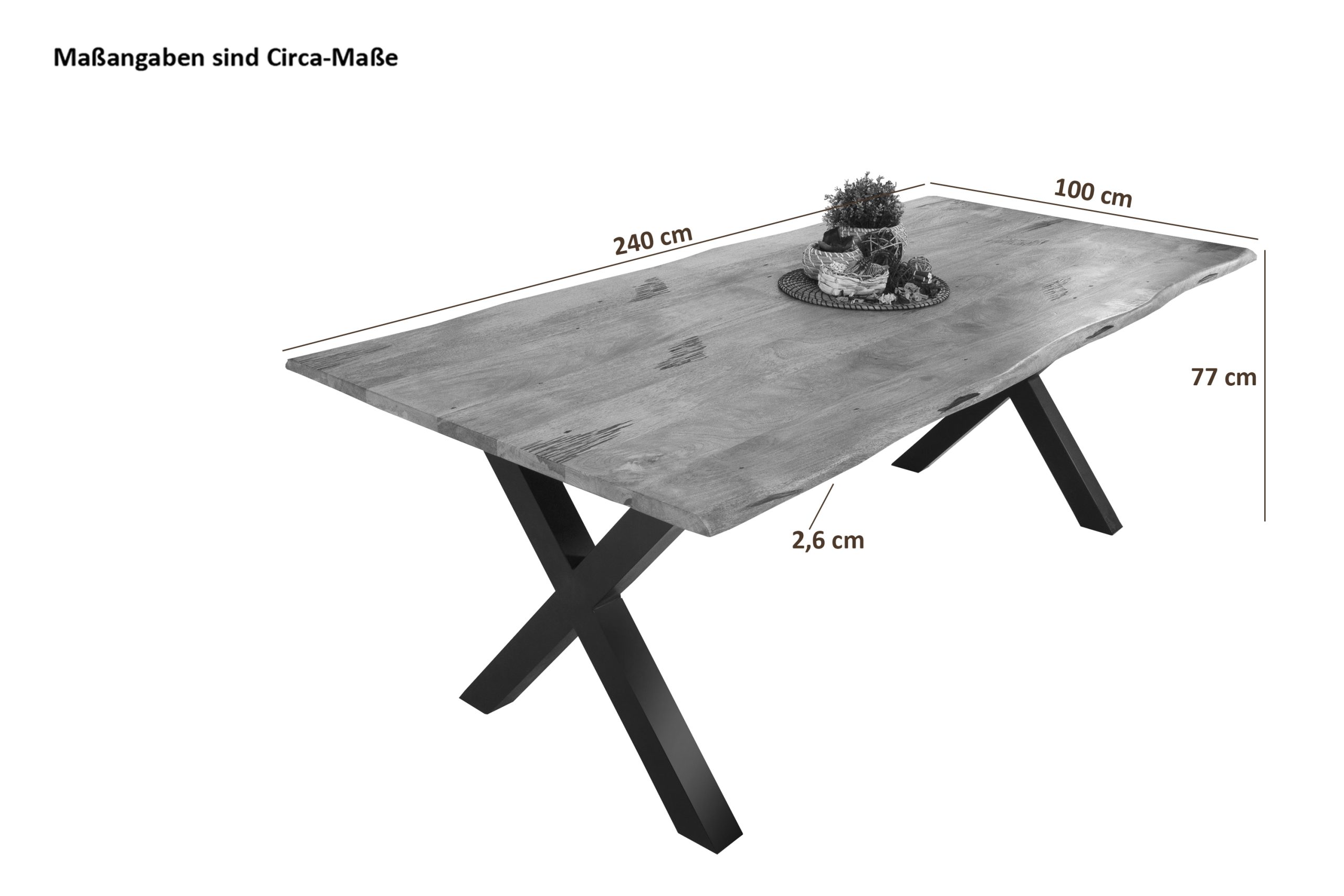 Baumkantentisch Mangoholz Esstisch Vintage-Optik 240 x 100 cm X-Gestell schwarz TIGER – Bild 4