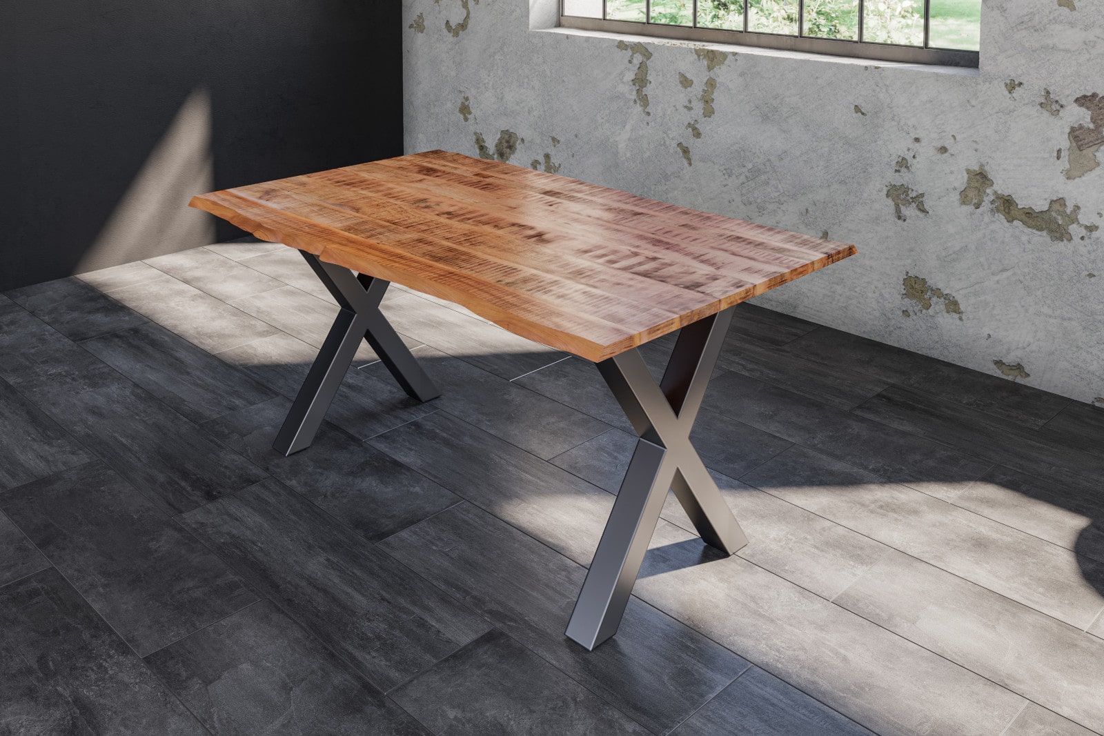 Baumkantentisch Esstisch Mangoholz massiv X-Gestell silber 120 x 80 cm DORA