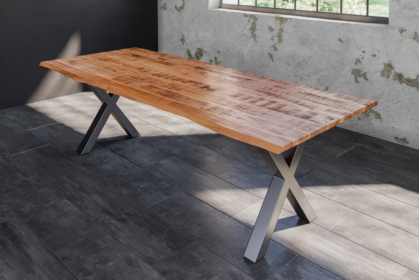 Baumkantentisch Esstisch Mangoholz massiv X-Gestell silber 220 x 100 cm DORA