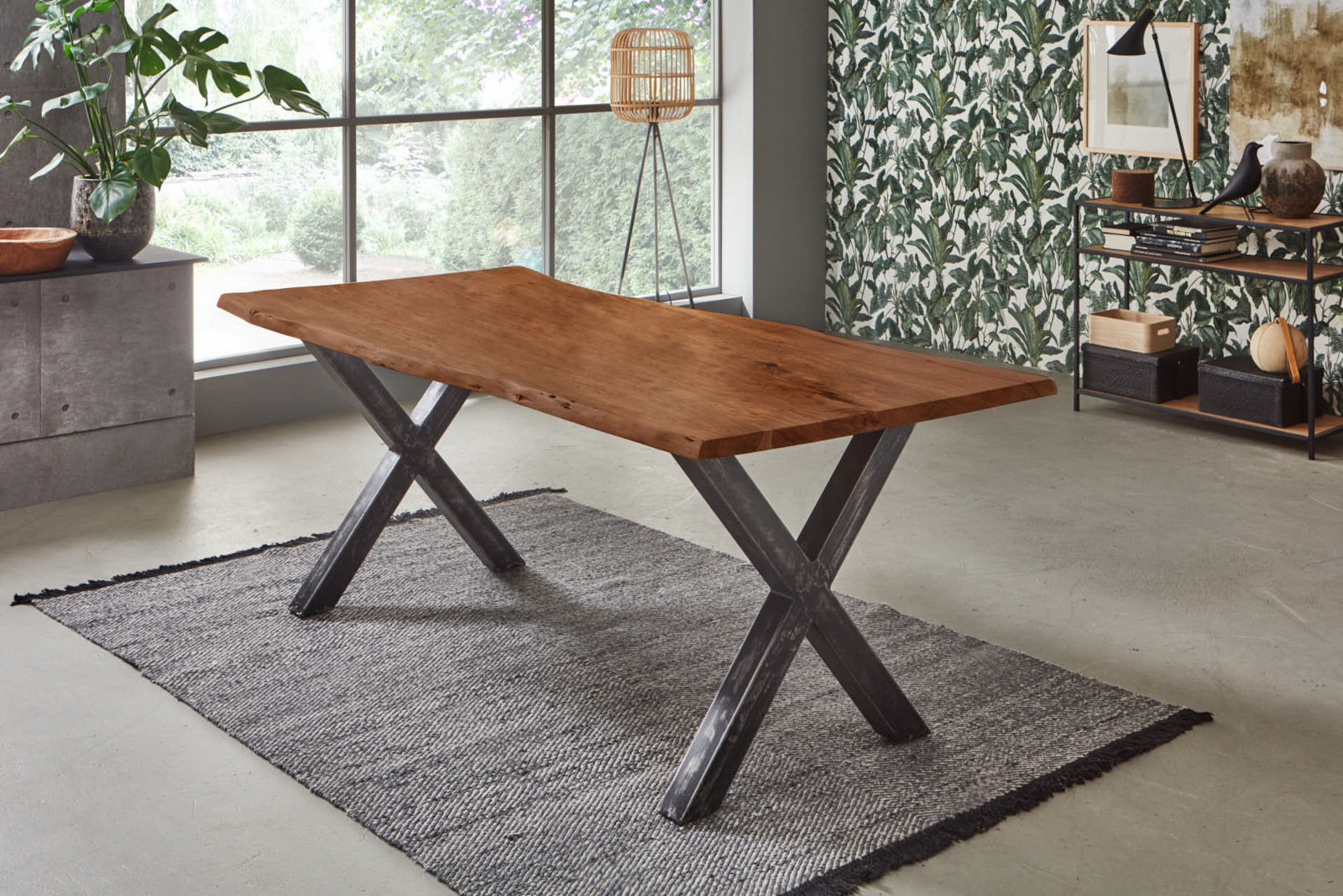 Esstisch Baumkante massiv Akazie nussbaum 240 x 100 X-Gestell Vintage FREDERIK