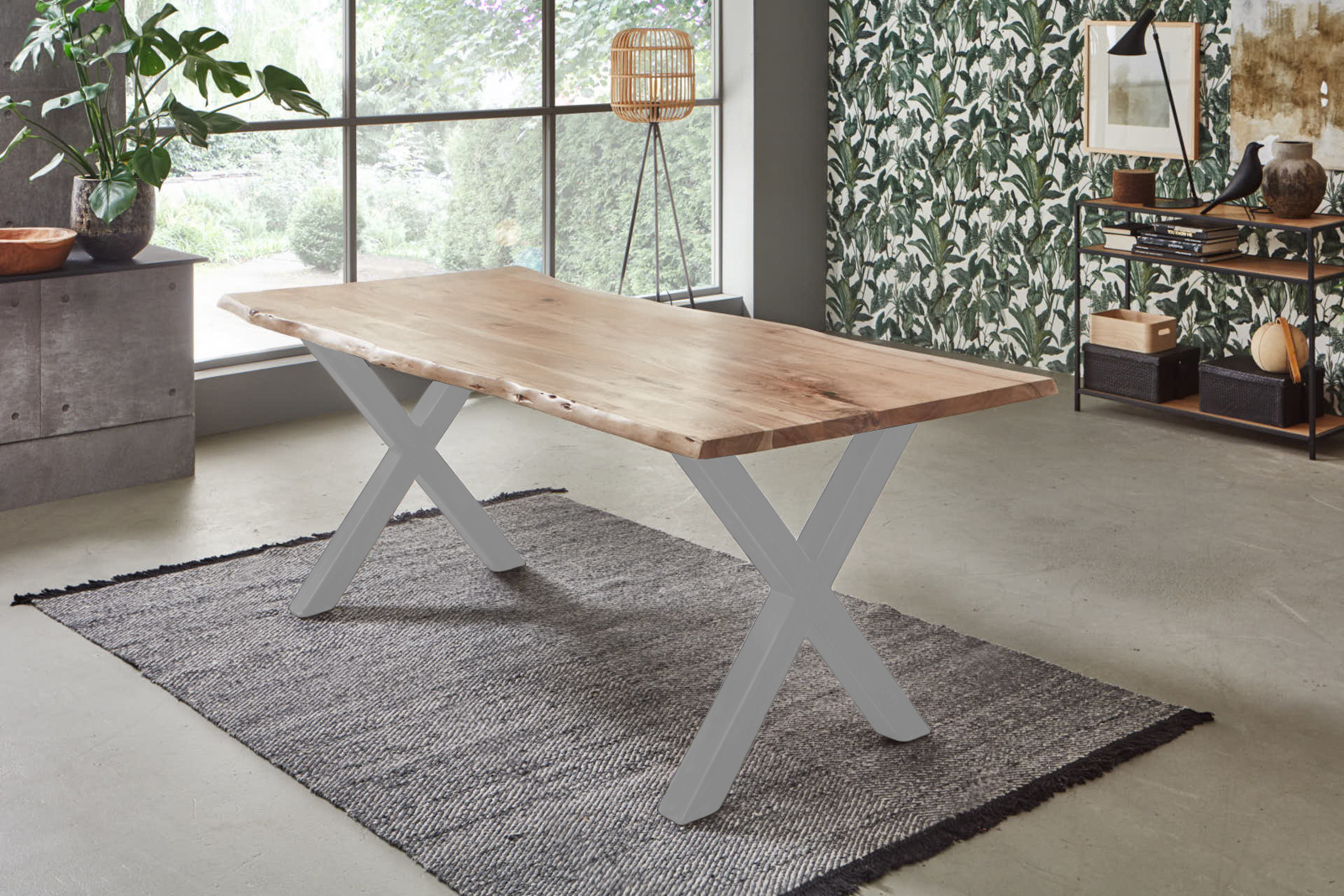 Esstisch Baumkante massiv Akazie natur 300 x 100 X-Gestell silber FREDERIK