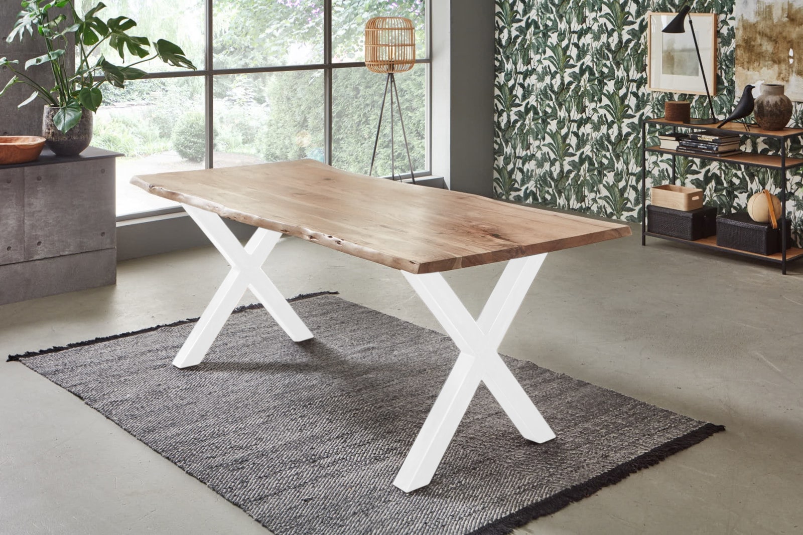 Esstisch Baumkante massiv Akazie natur 120 x 80 X-Gestell weiß FREDERIK