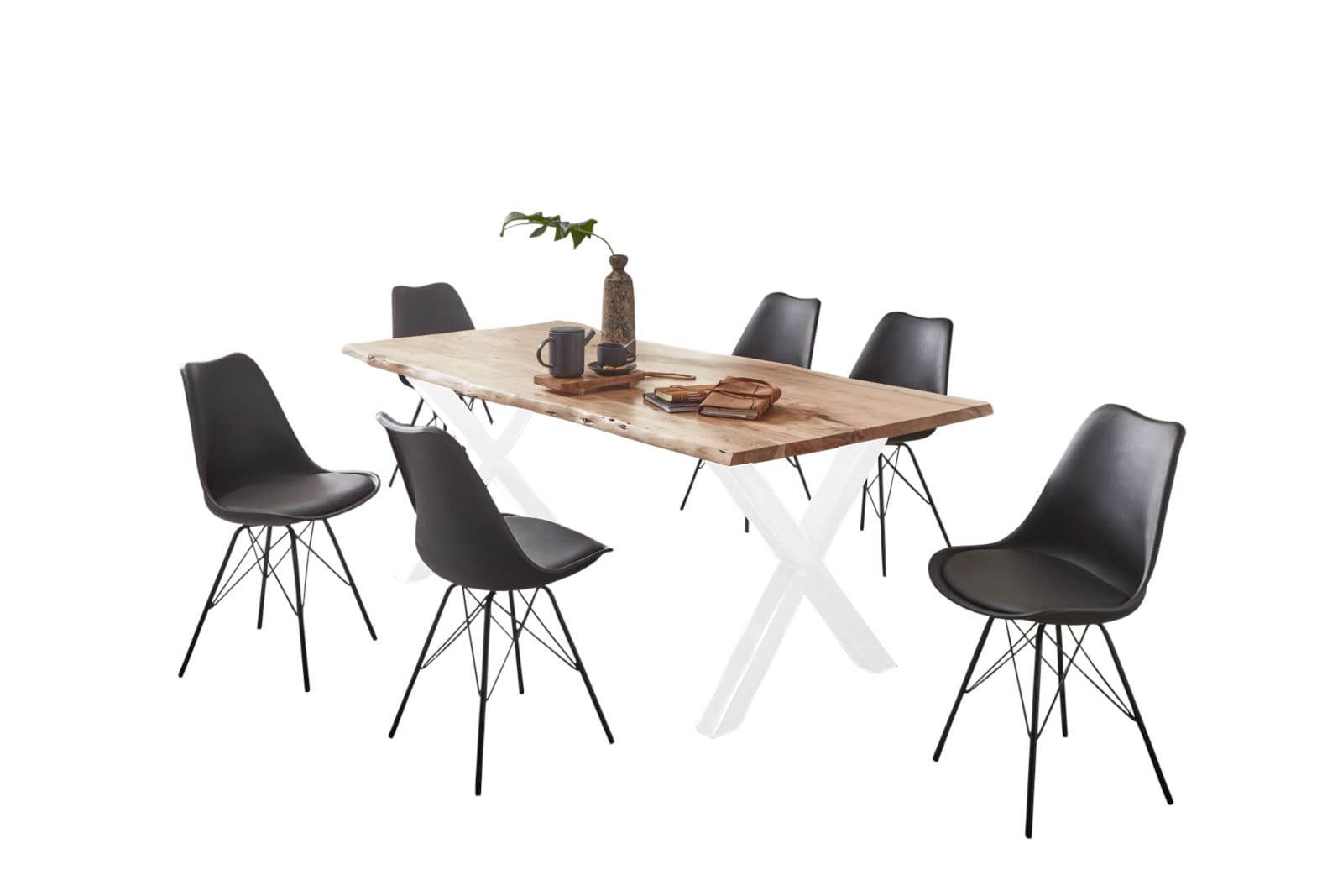 Esstisch Baumkante massiv Akazie natur 120 x 80 X-Gestell weiß FREDERIK – Bild 5