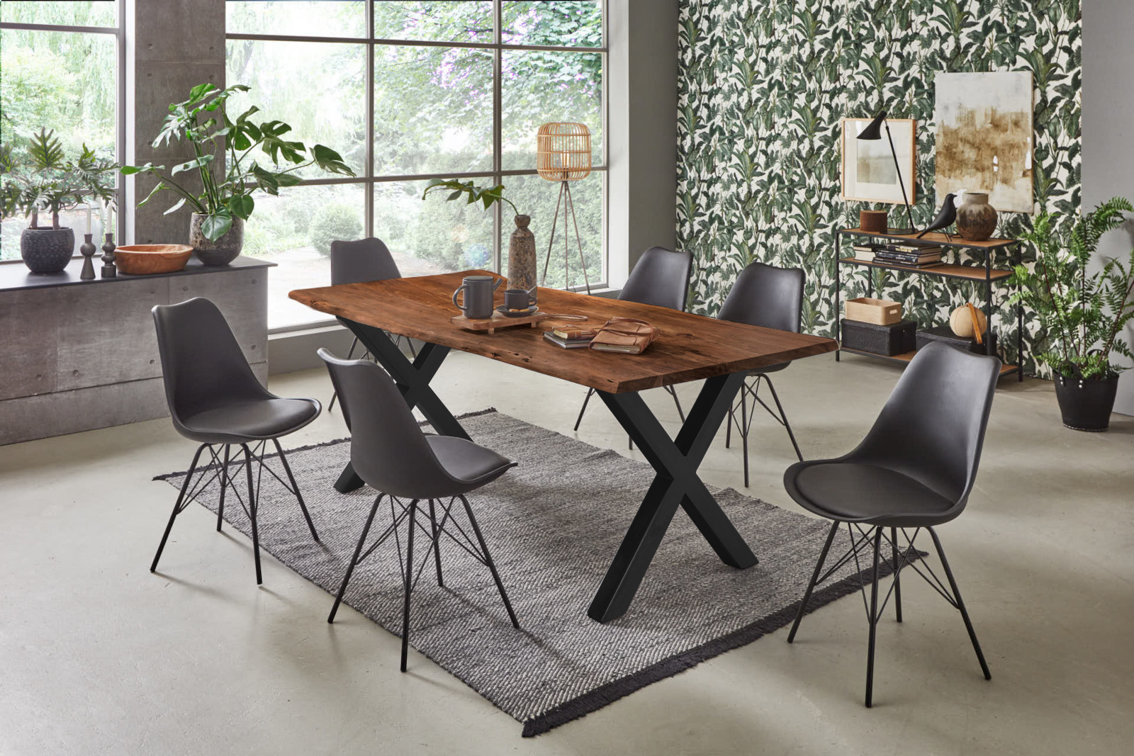 Esstisch Baumkante massiv Akazie nussbaum 180 x 90 X-Gestell Schwarz FREDERIK – Bild 4