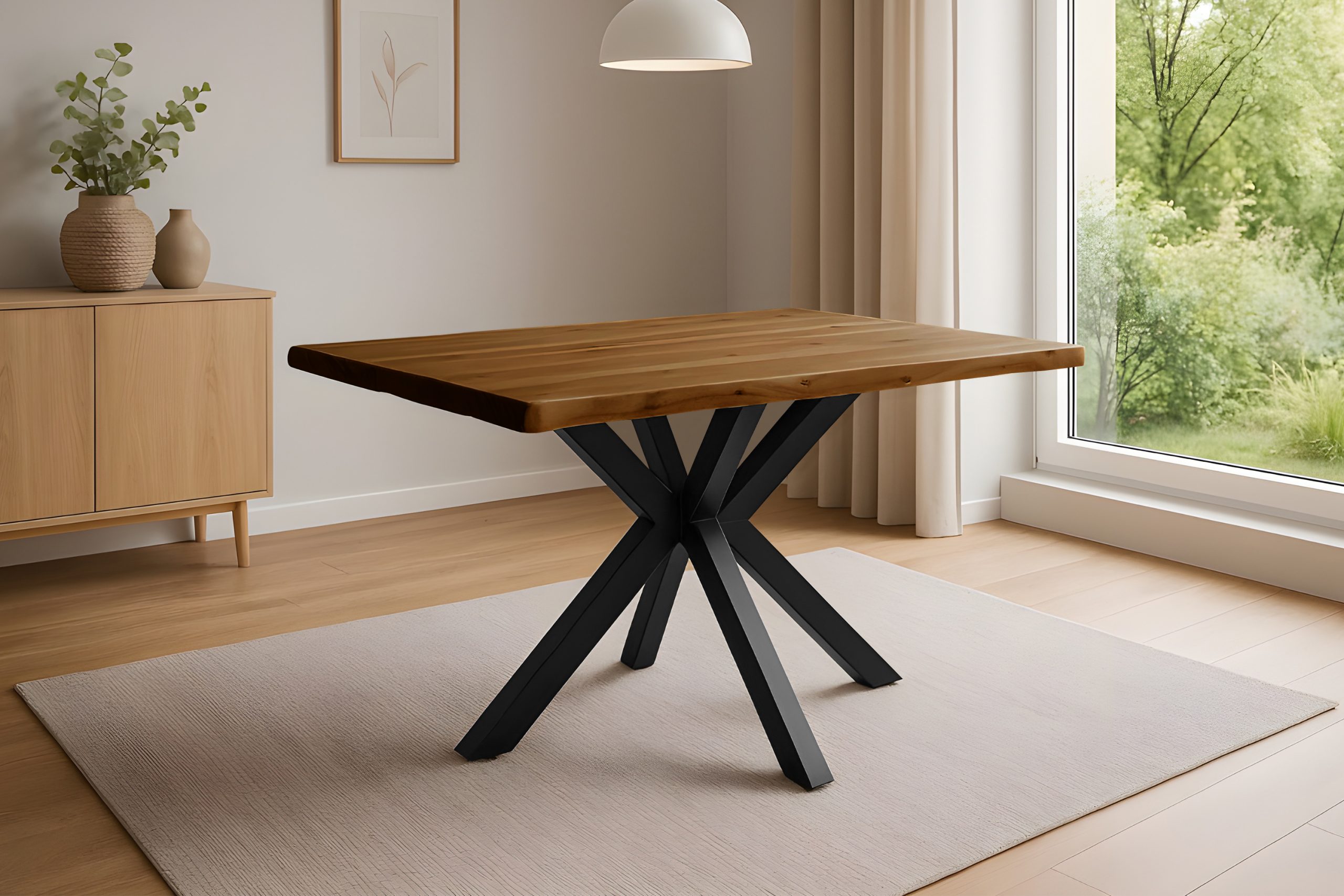 Esstisch Baumkante 140 x 80 cm Akazie massiv Honig Spider-Gestell schwarz HARLEY