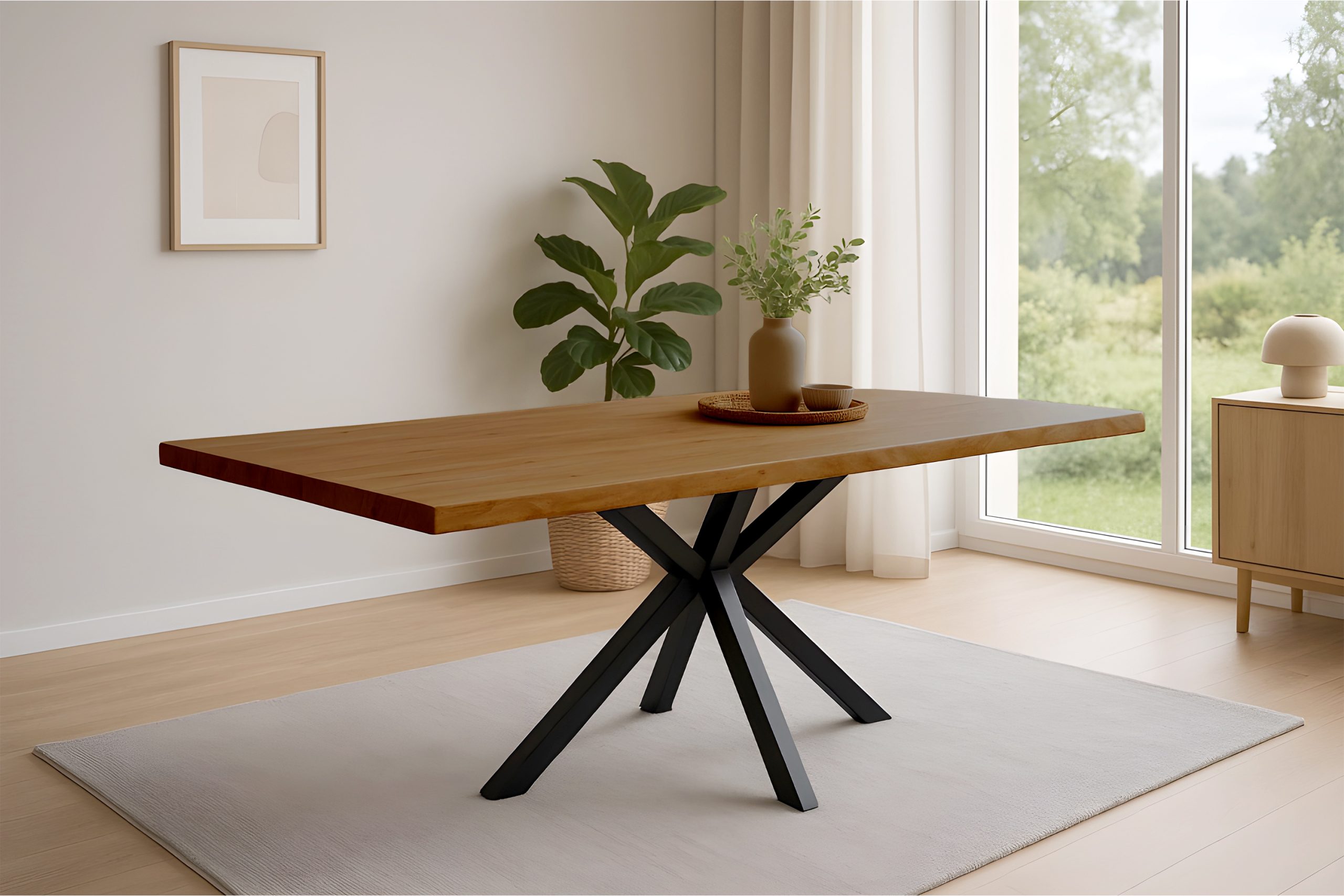 Esstisch Baumkante 160 x 85 cm Akazie massiv Honig Spider-Gestell schwarz HARLEY