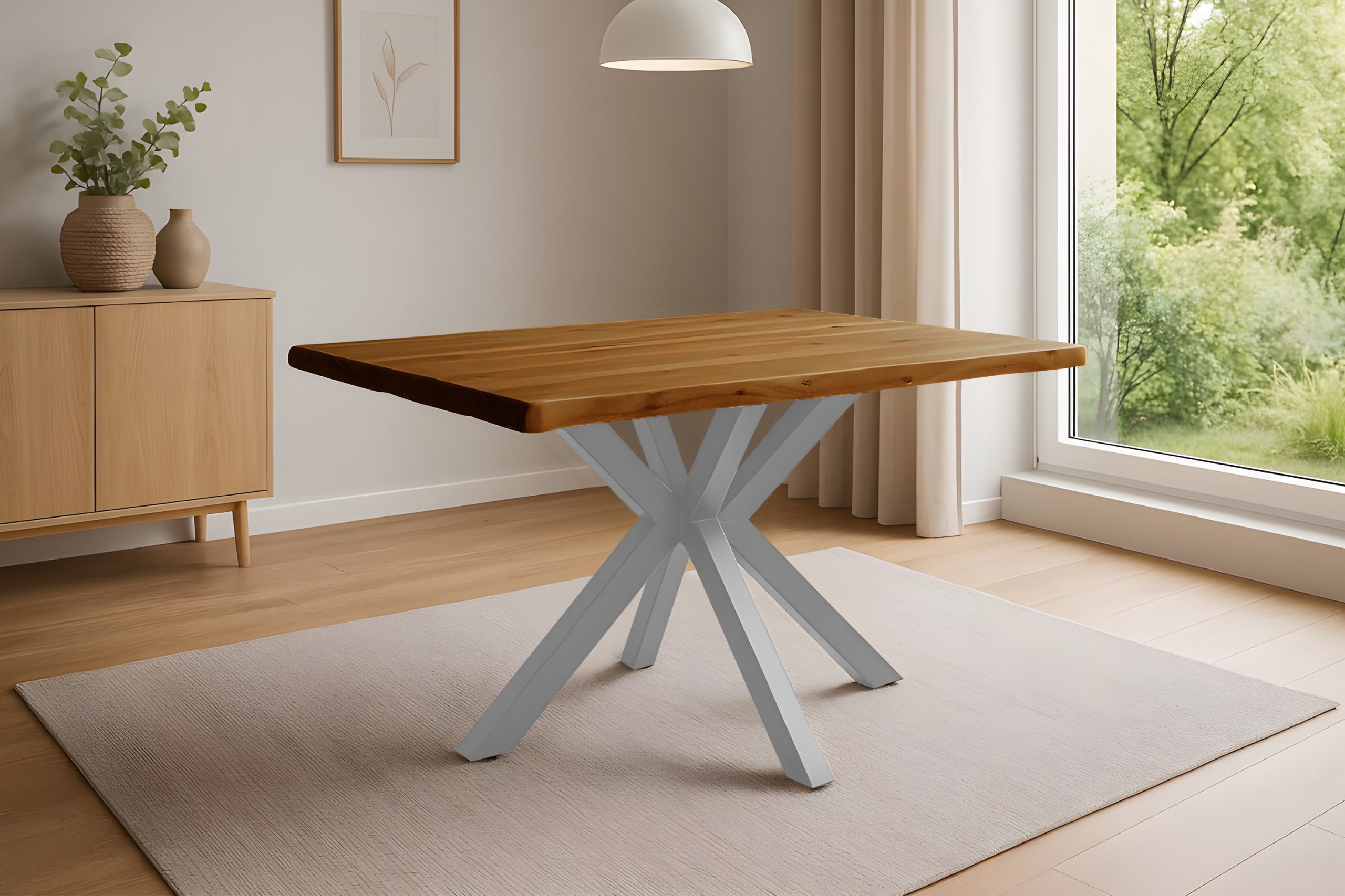 Esstisch Baumkante 140 x 80 cm Akazie massiv Honig Spider-Gestell silber HARLEY