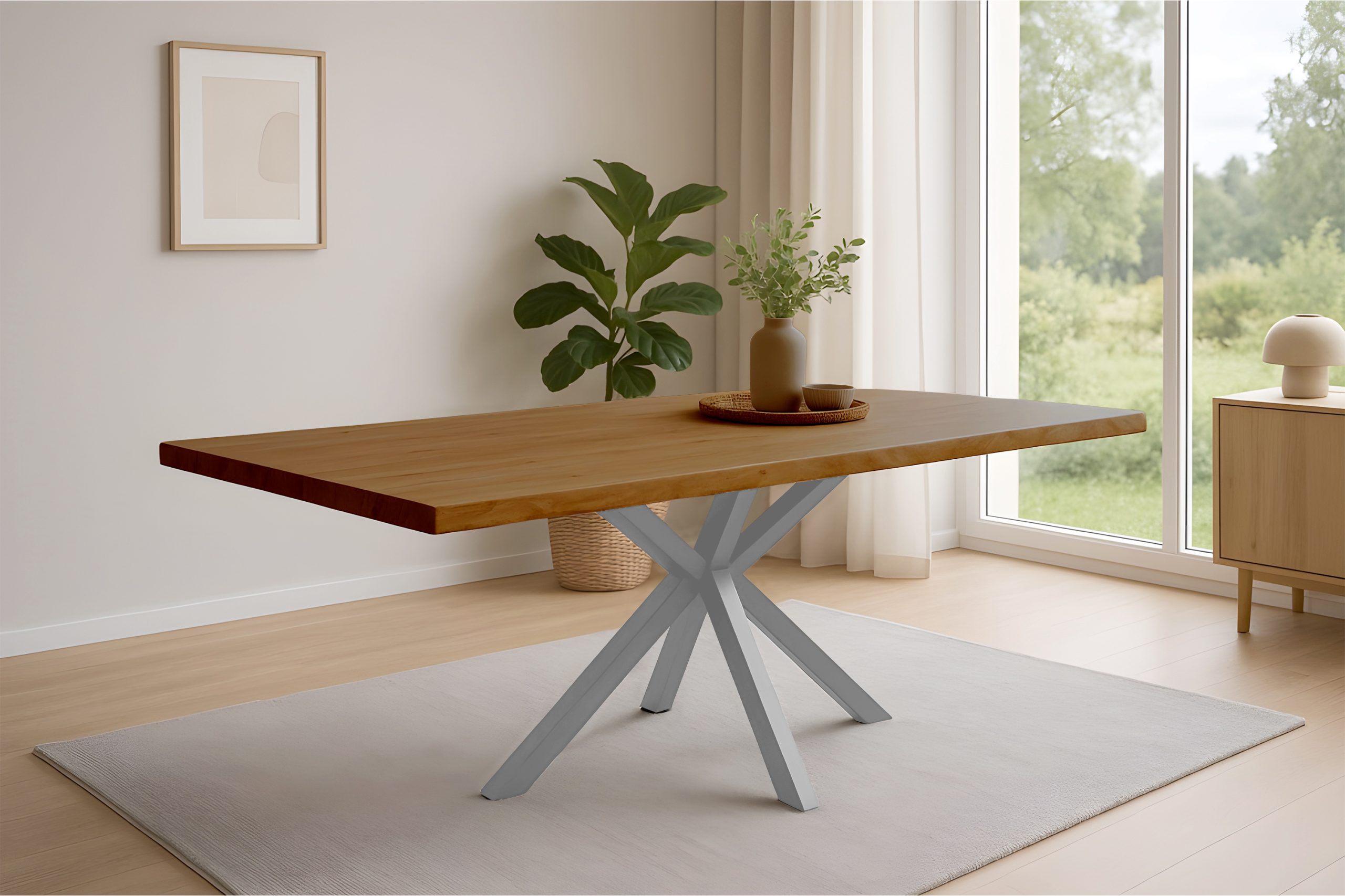 Esstisch Baumkante 160 x 85 cm Akazie massiv Honig Spider-Gestell silber HARLEY