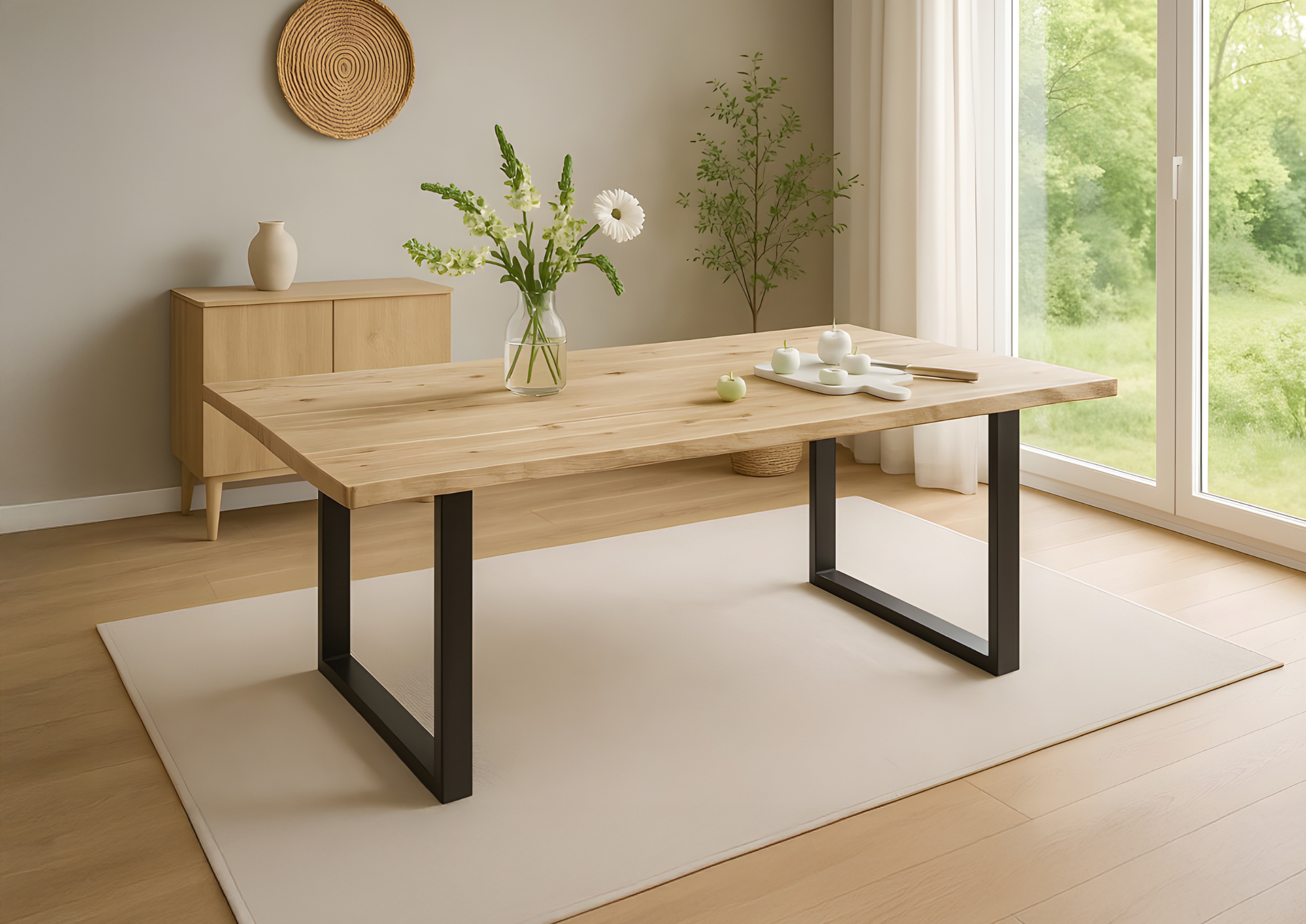 Esstisch Baumkante 120 x 80 cm Akazie massiv Natur lackiert U-Gestell schwarz HARLEY