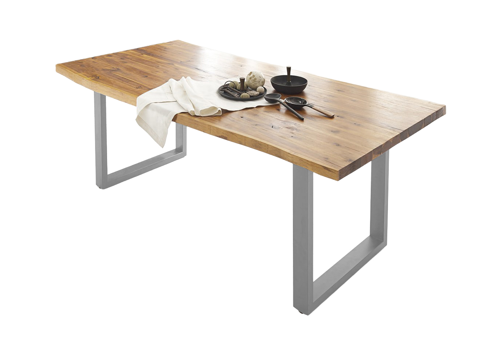 Esstisch Baumkante 120 x 80 cm Akazie massiv Natur lackiert U-Gestell silber HARLEY – Bild 2