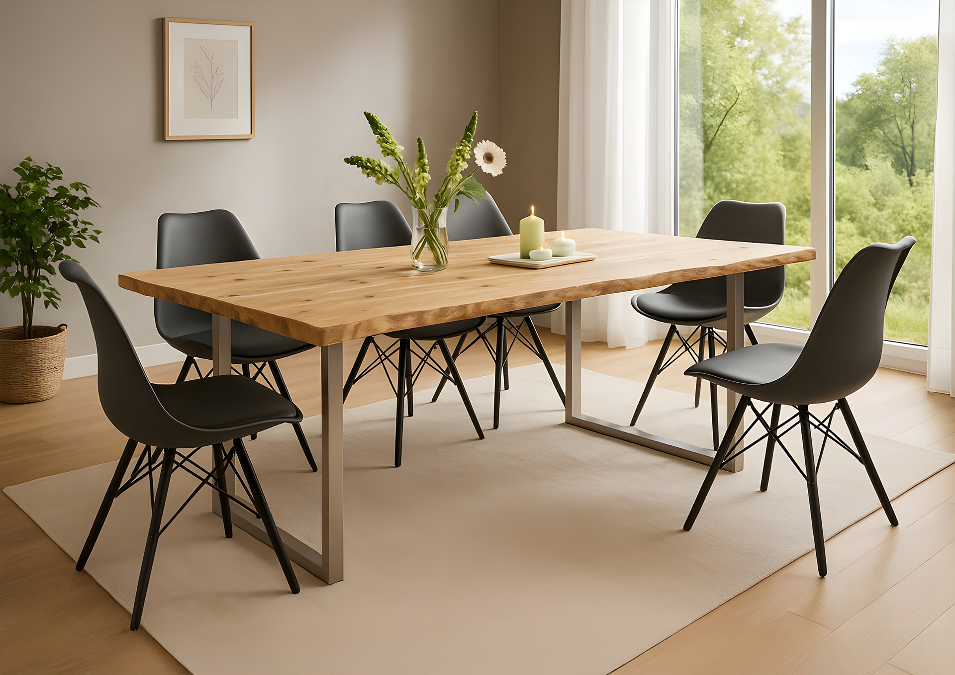 Esstisch Baumkante 120 x 80 cm Akazie massiv Natur lackiert U-Gestell silber HARLEY – Bild 6