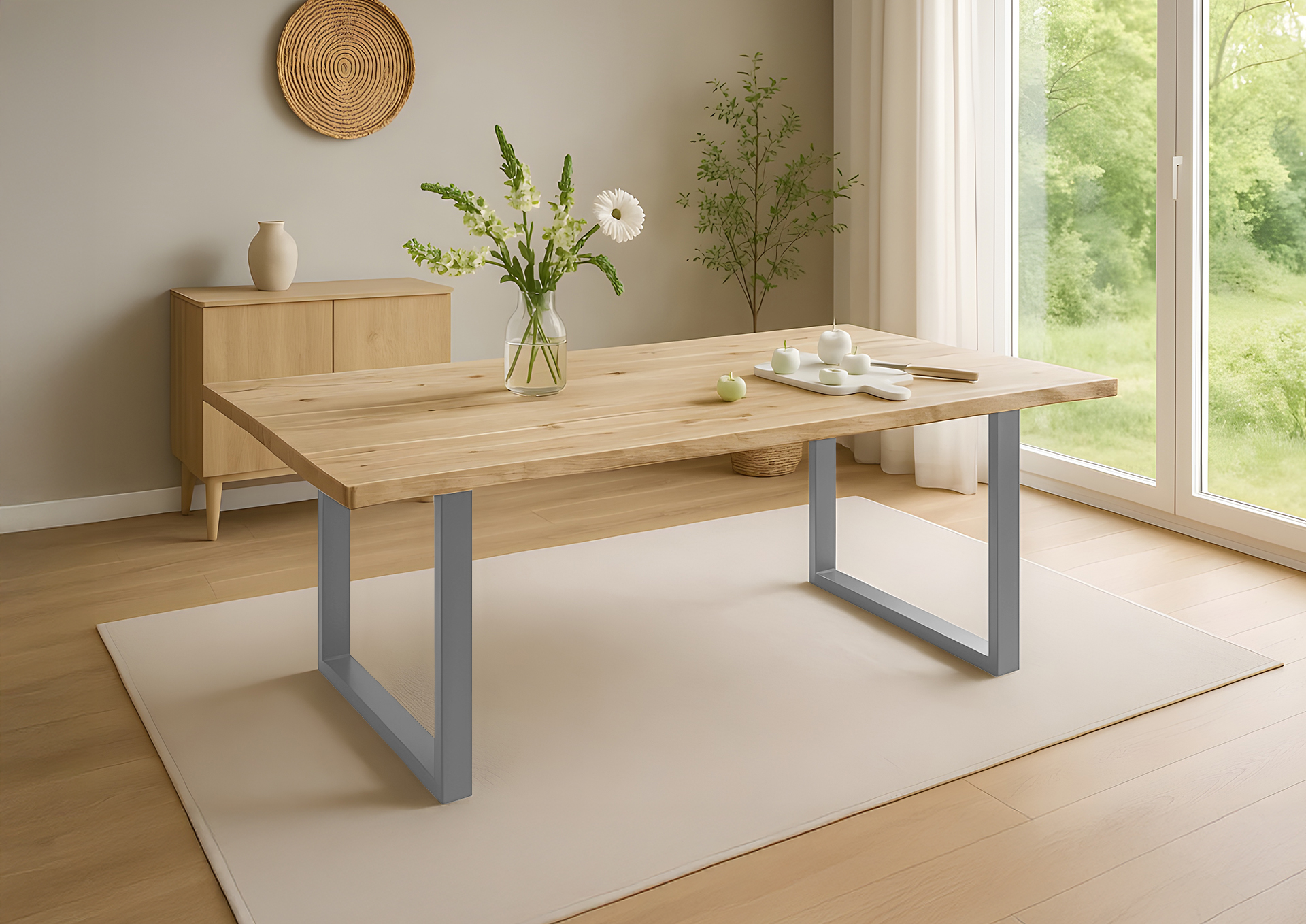 Esstisch Baumkante 140 x 80 cm Akazie massiv Natur lackiert U-Gestell silber HARLEY