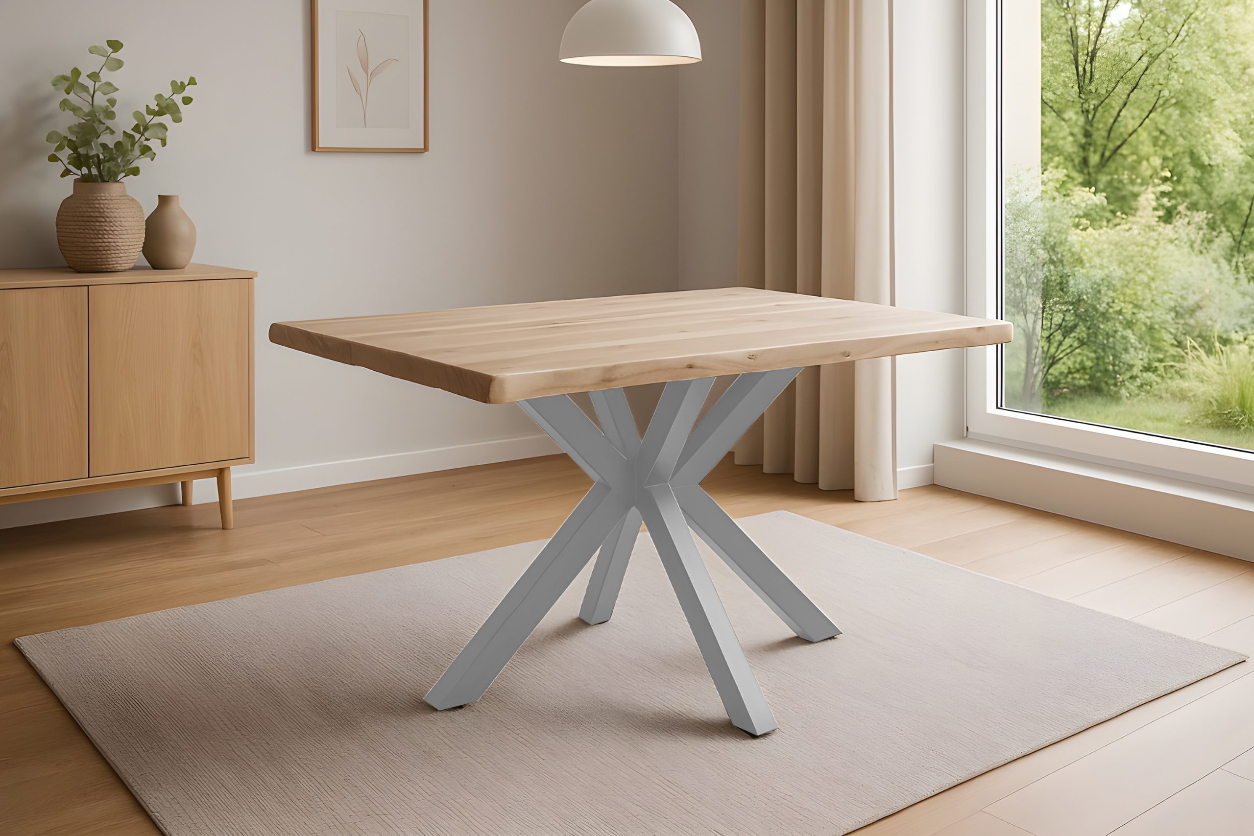 Esstisch Baumkante 140 x 80 cm Akazie massiv Natur lackiert Spider-Gestell silber HARLEY