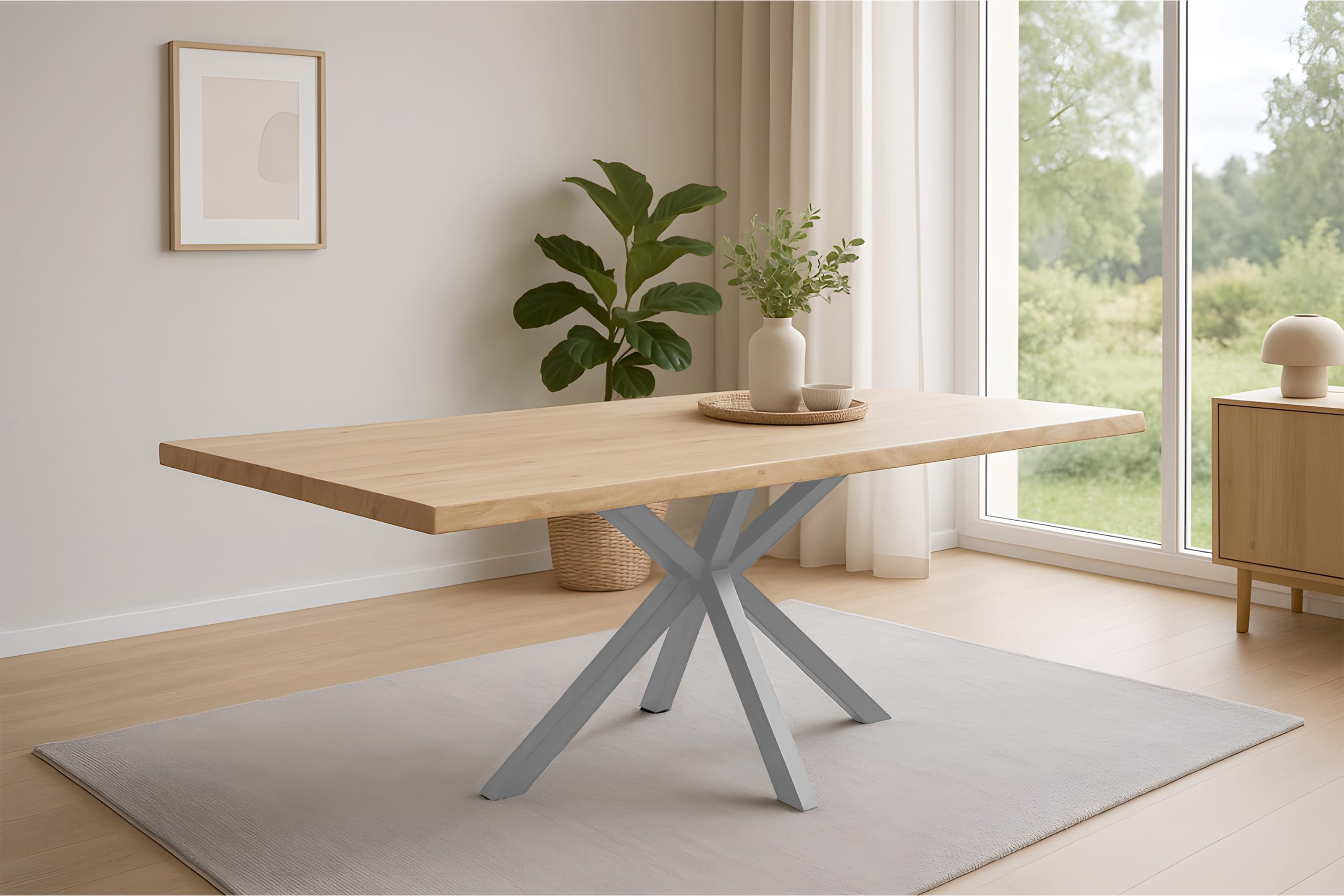 Esstisch Baumkante 160 x 85 cm Akazie massiv Natur lackiert Spider-Gestell silber HARLEY