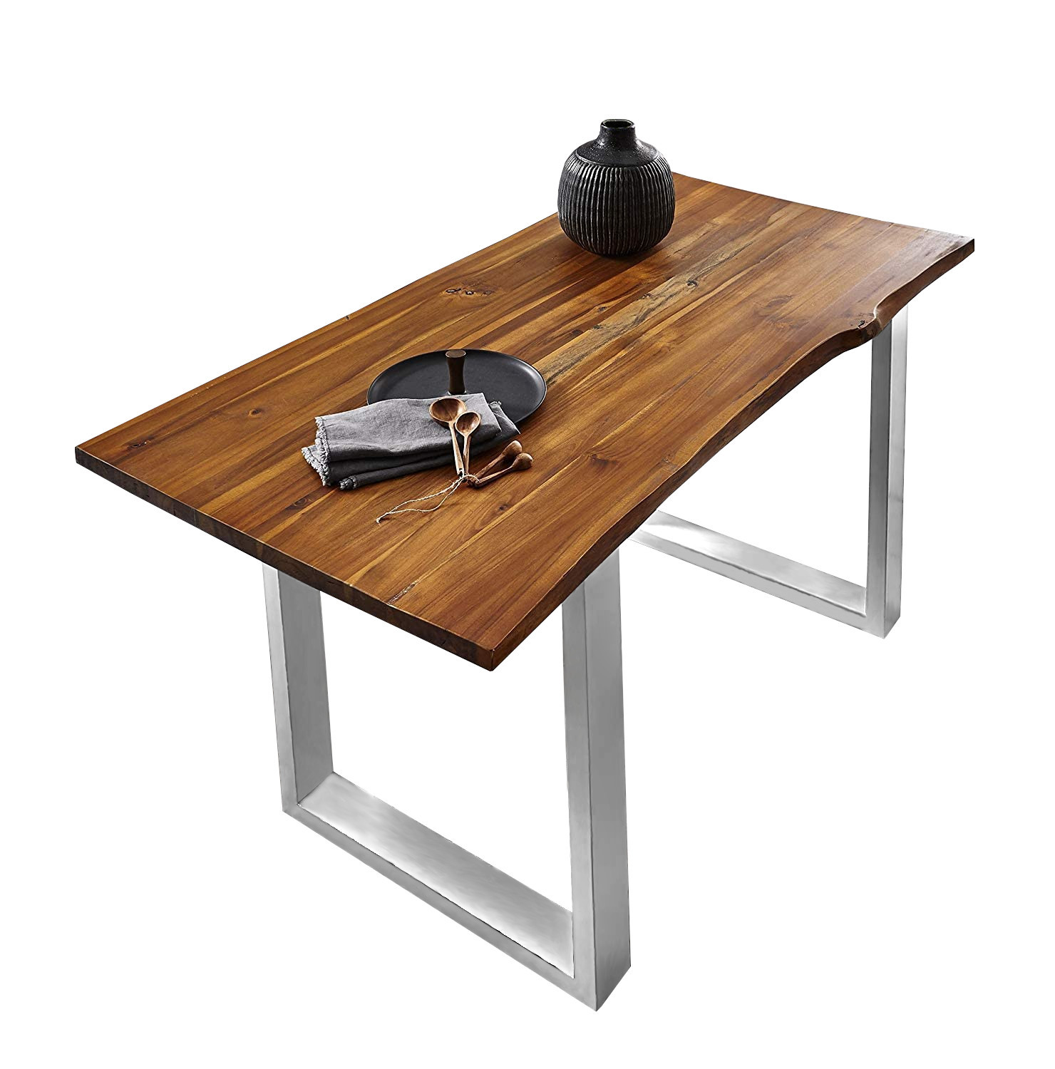 Esstisch Baumkante 160 x 85 cm Akazie cognac massiv U-Gestell edelstahl ESRA – Bild 2