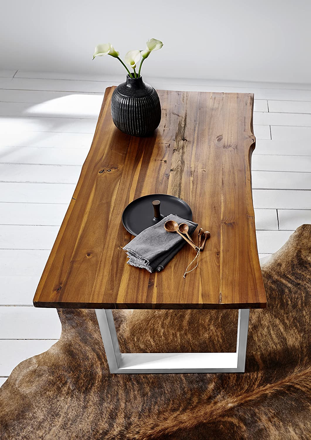 Esstisch Baumkante 160 x 85 cm Akazie cognac massiv U-Gestell edelstahl ESRA – Bild 4