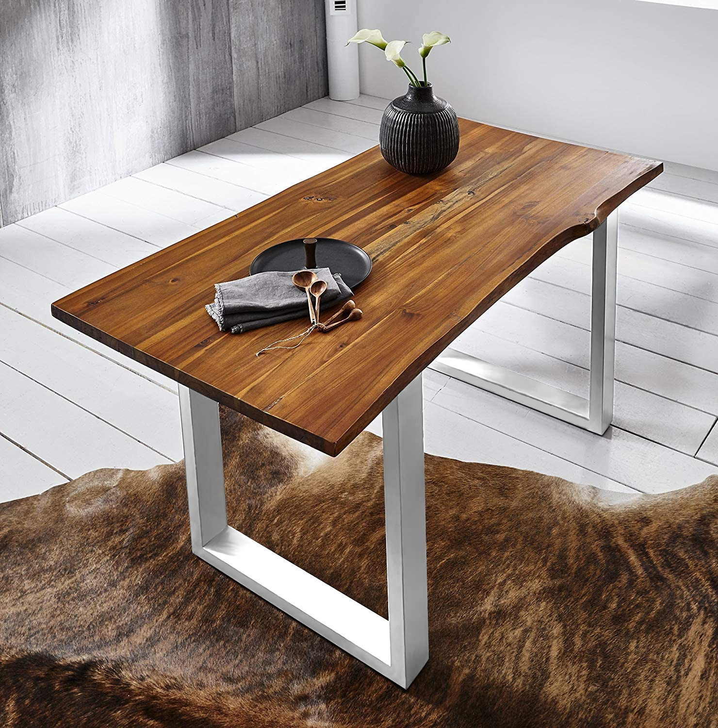 Esstisch Baumkante 200 x 100 cm Akazie cognac massiv U-Gestell edelstahl ESRA