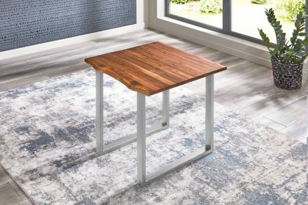Esstisch Baumkante 90 x 90 cm Akazie cognac massiv U-Gestell silber ESRA