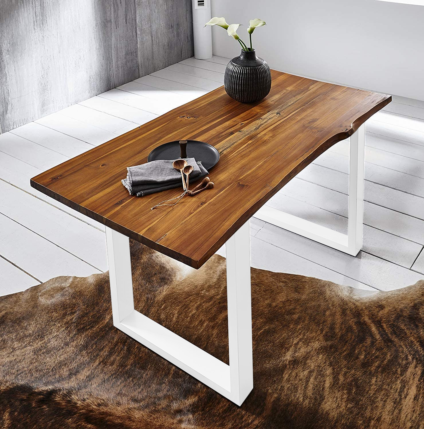 Esstisch Baumkante 140 x 80 cm Akazie cognac massiv U-Gestell weiß ESRA
