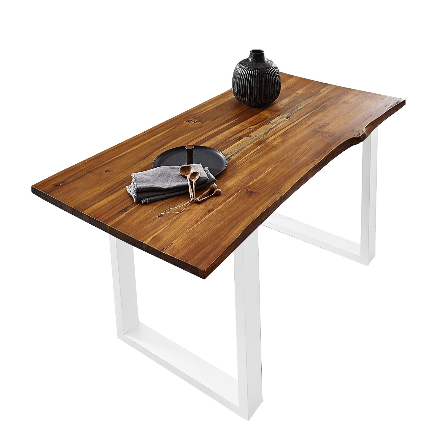 Esstisch Baumkante 140 x 80 cm Akazie cognac massiv U-Gestell weiß ESRA – Bild 2