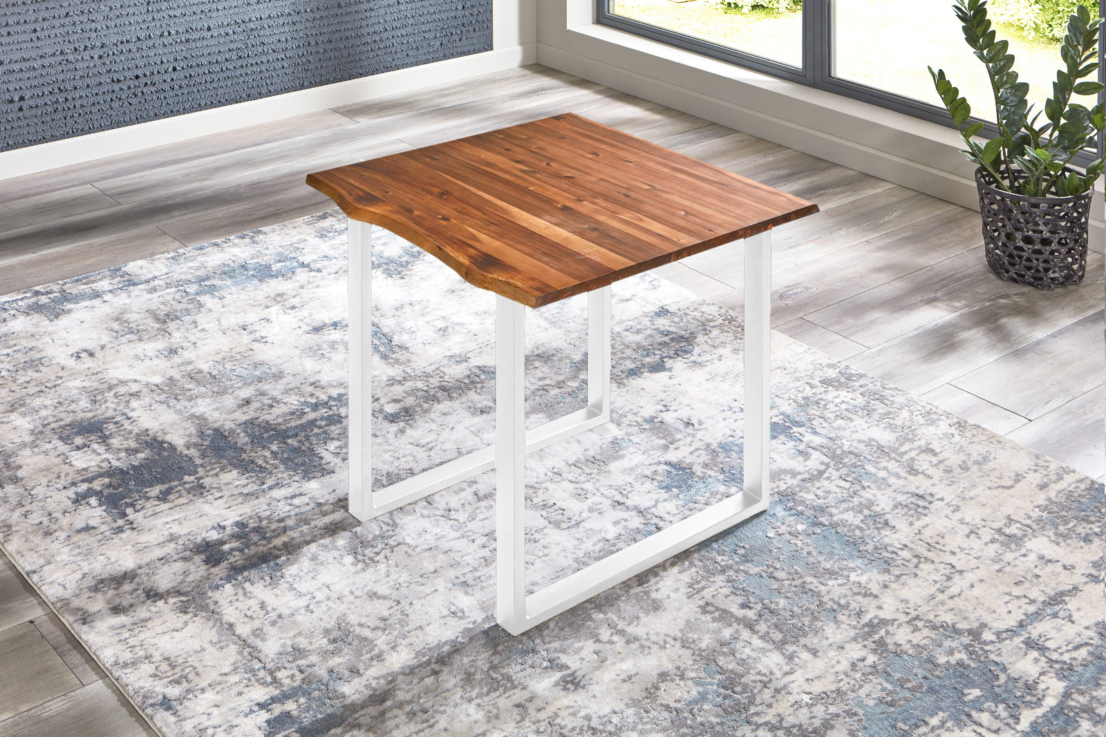 Esstisch Baumkante 90 x 90 cm Akazie cognac massiv U-Gestell weiß ESRA