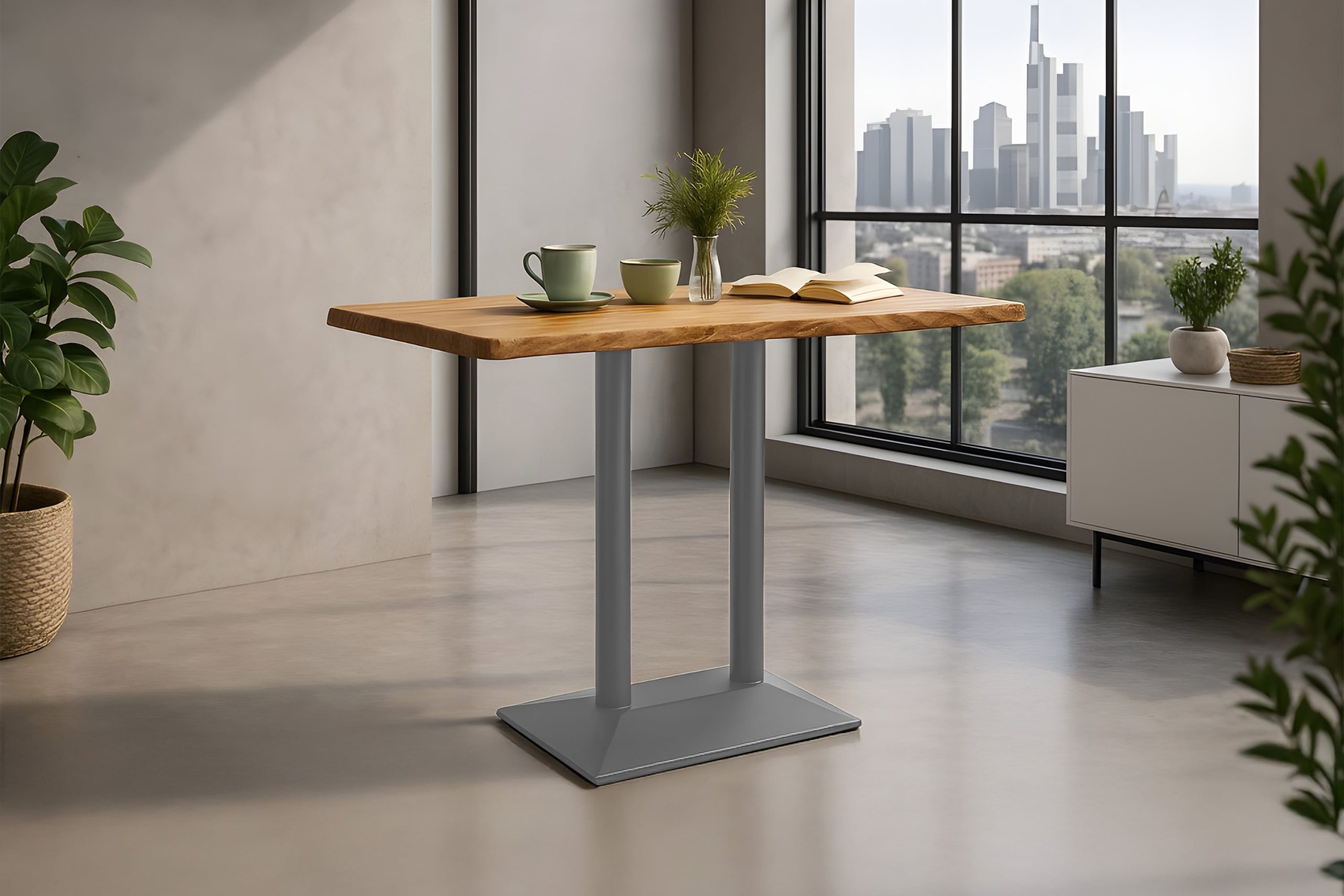 Bistrotisch Baumkante 120 x 60 cm massiv Akazie natur Doppel-Säulengestell Silber IAN