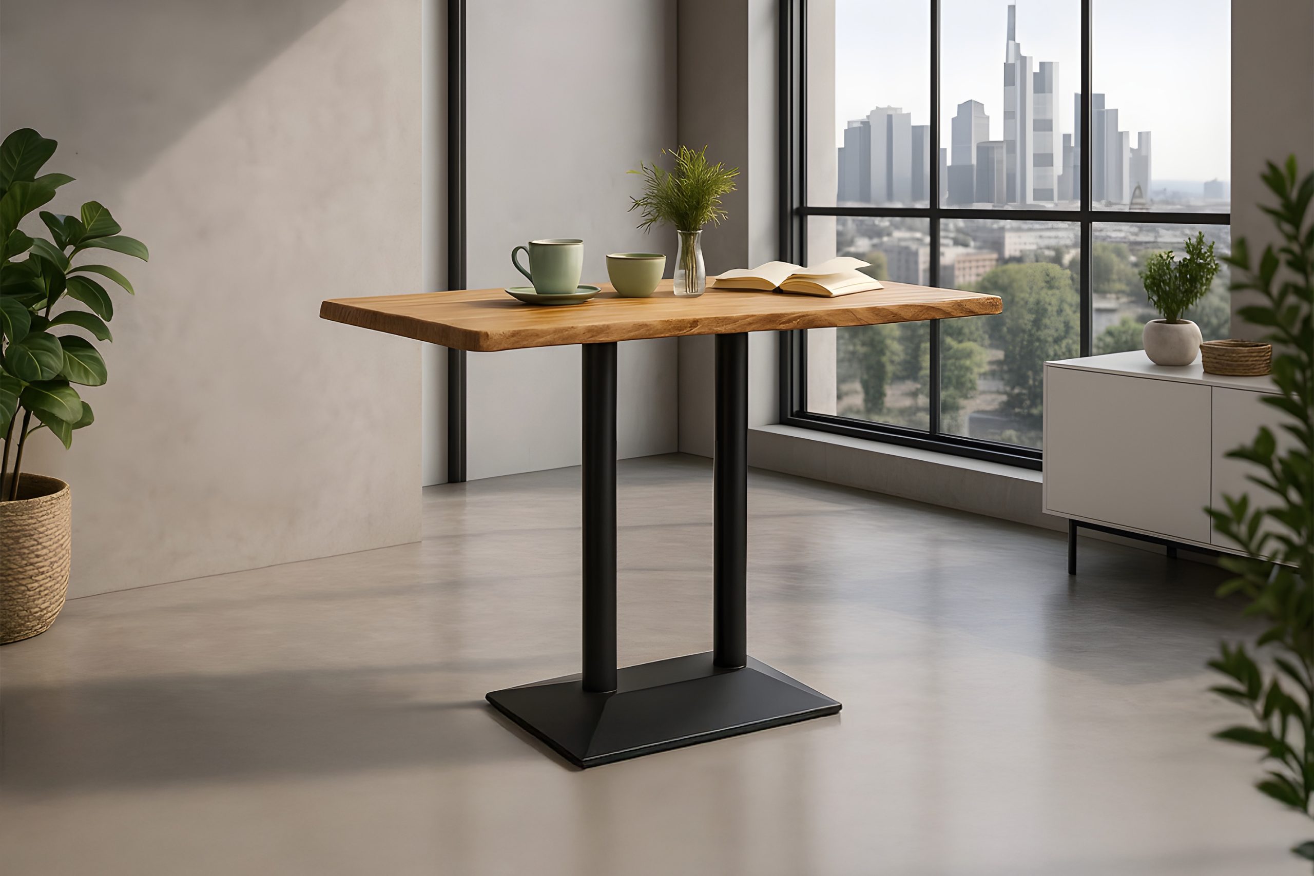 Bistrotisch Baumkante 120 x 70 cm massiv Akazie natur Doppel-Säulengestell schwarz IAN