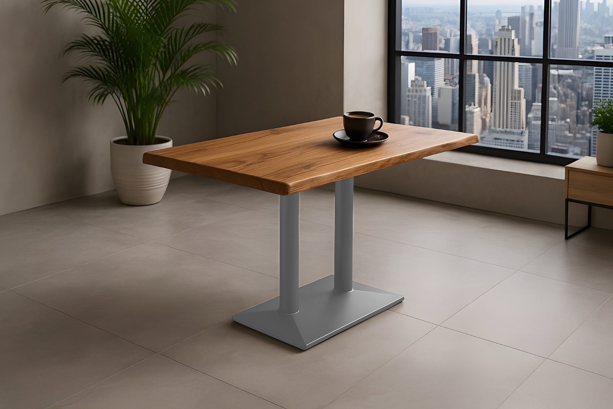 Bistrotisch Baumkante massiv Akazie natur 100 x 60 cm Mittellfuß Silber ISLA