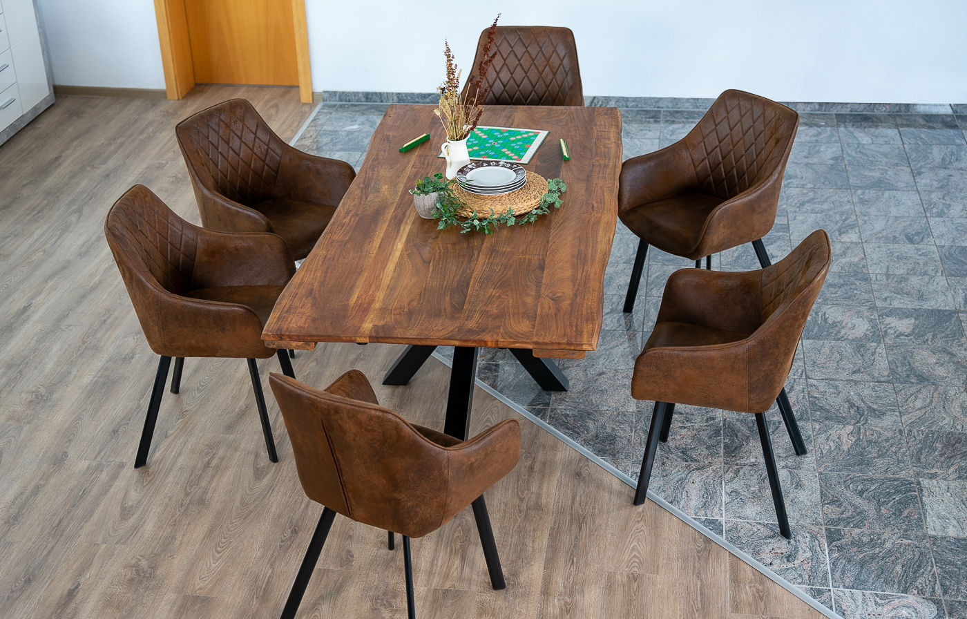 B-Ware Esstisch mit Ansteckplatten, Baumkante massiv Akazie nougat 160(260)x90 cm Spider-Gestell Schwarz JANNIK – Bild 8