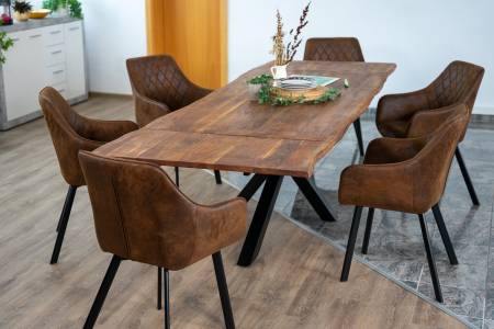 B-Ware Esstisch mit Ansteckplatten, Baumkante massiv Akazie nougat 180(280)x90 cm Spider-Gestell Schwarz JANNIK