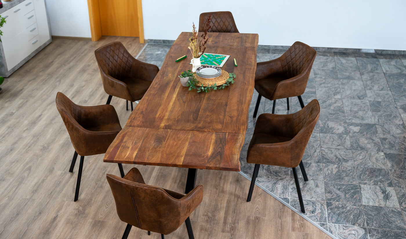 B-Ware Esstisch mit Ansteckplatten, Baumkante massiv Akazie nougat 200(300)x100 cm Spider-Gestell Schwarz JANNIK – Bild 2