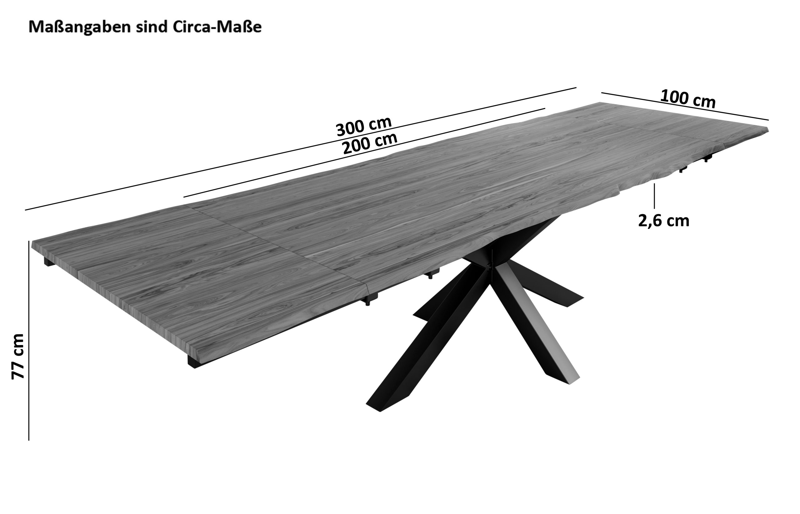 B-Ware Esstisch mit Ansteckplatten, Baumkante massiv Akazie nougat 200(300)x100 cm Spider-Gestell Schwarz JANNIK – Bild 3