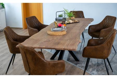 B-Ware Esstisch mit Ansteckplatten, Baumkante massiv Akazie stone 180(280)x90 cm Spider-Gestell Schwarz JANNIK