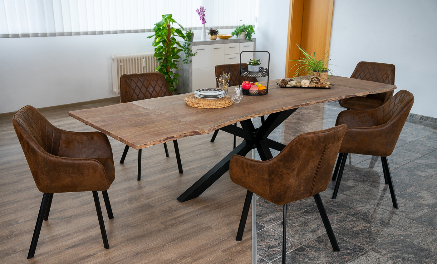 B-Ware Esstisch mit Ansteckplatten, Baumkante massiv Akazie stone 180(280)x90 cm Spider-Gestell Schwarz JANNIK – Bild 4