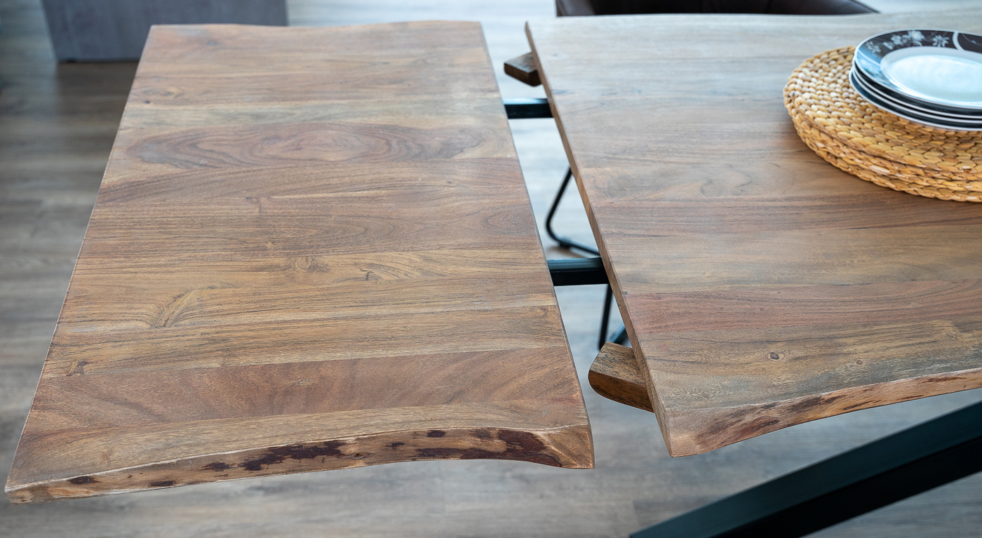 B-Ware Esstisch mit Ansteckplatten, Baumkante massiv Akazie stone 180(280)x90 cm Spider-Gestell Schwarz JANNIK – Bild 8