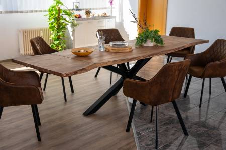 B-Ware Esstisch Baumkante massiv Akazie nougat 220(320)x100 schwarz JANOSH