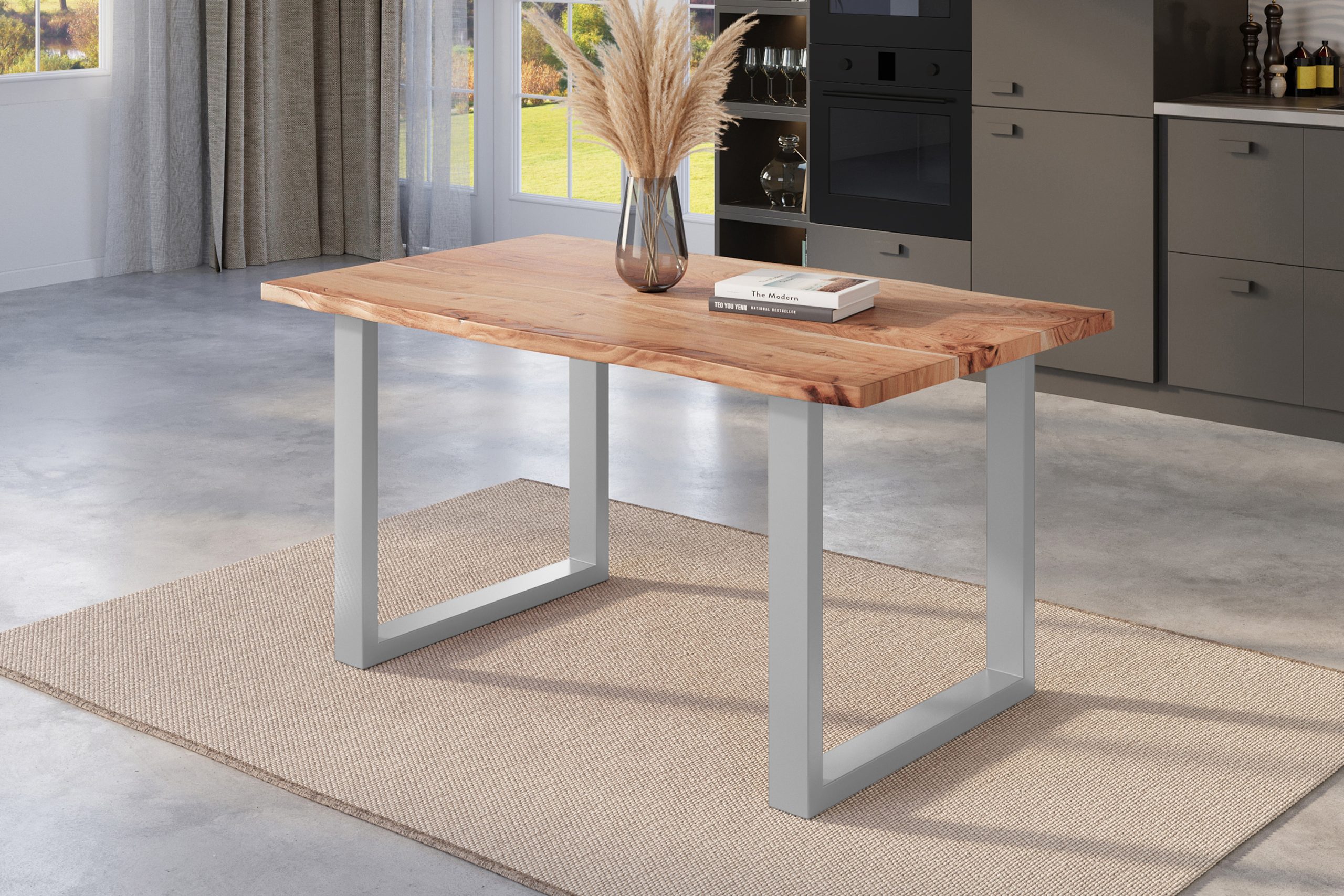 Esstisch Baumkante 120 x 80 cm Akazie natur massiv U-Gestell silber NICK