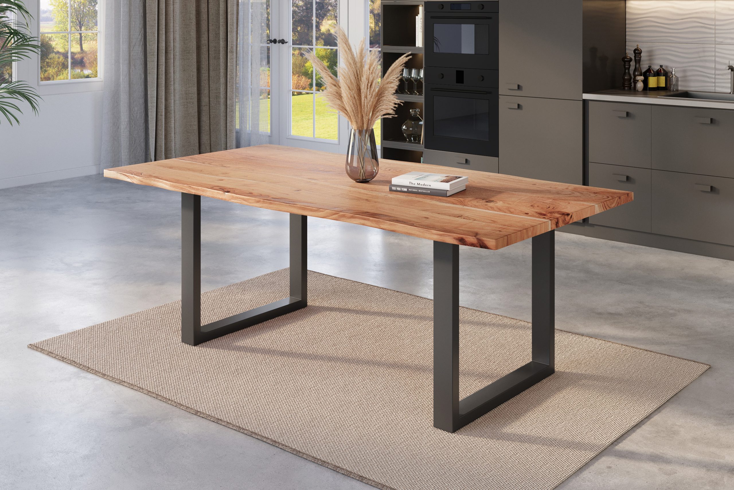 Esstisch Baumkante 180 x 90 cm Akazie natur massiv U-Gestell schwarz NICK