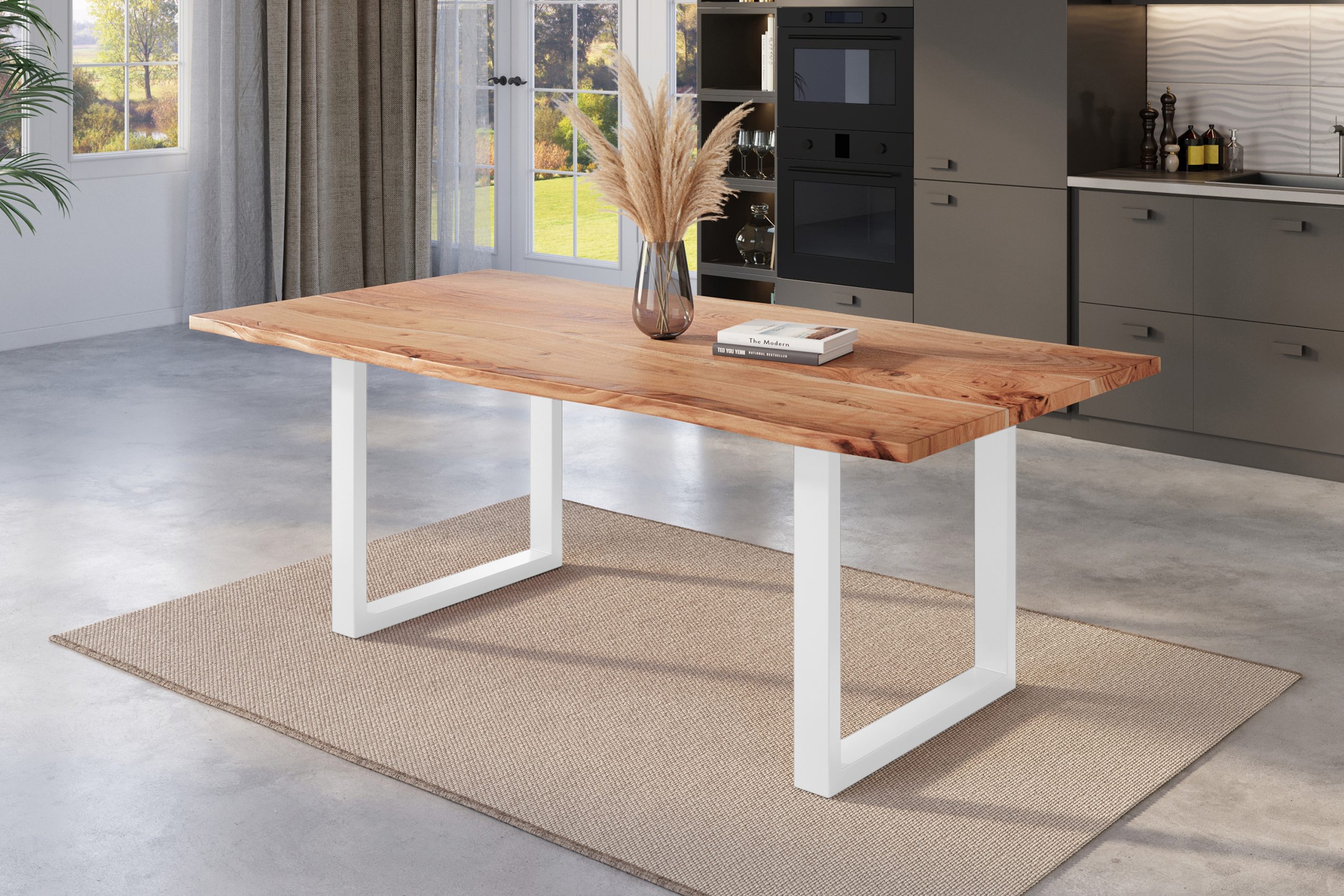 Esstisch Baumkante 220 x 100 cm Akazie natur massiv U-Gestell weiß NICK