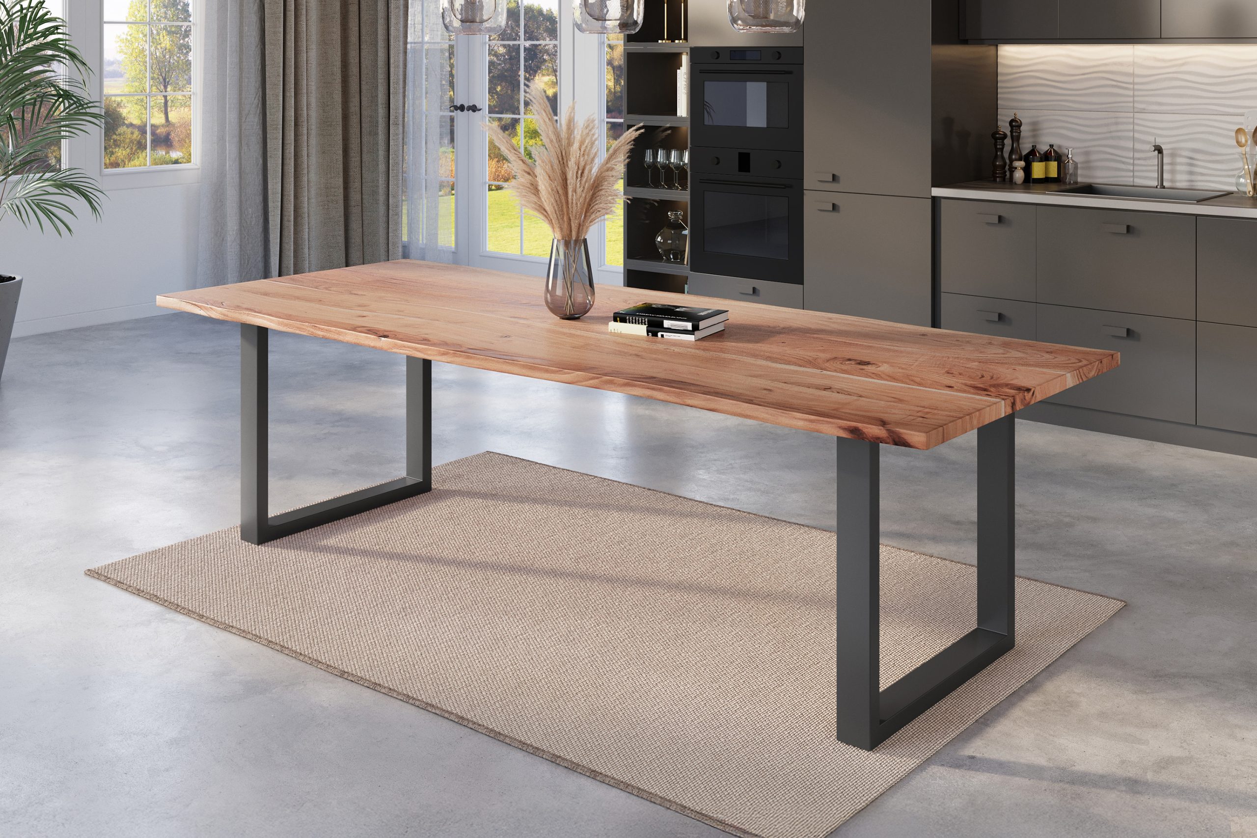 Esstisch Baumkante 280 x 100 cm Akazie natur massiv U-Gestell schwarz NICK