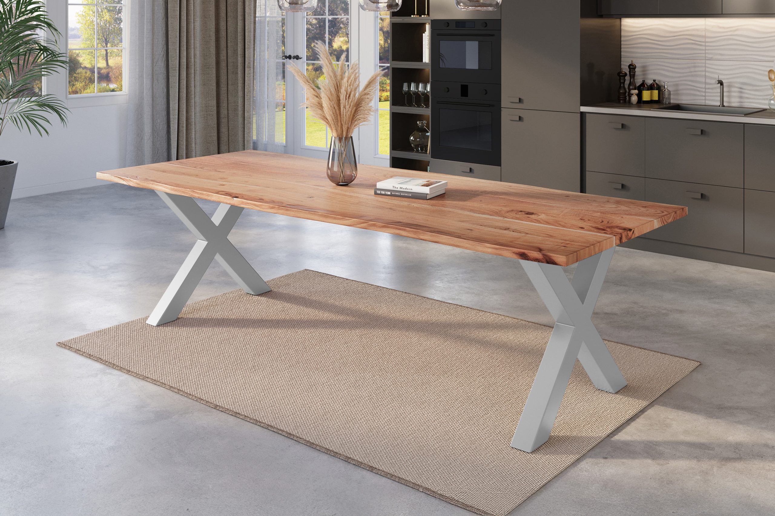 Esstisch Baumkante 280 x 100 cm Akazie natur massiv X-Gestell silber NICK