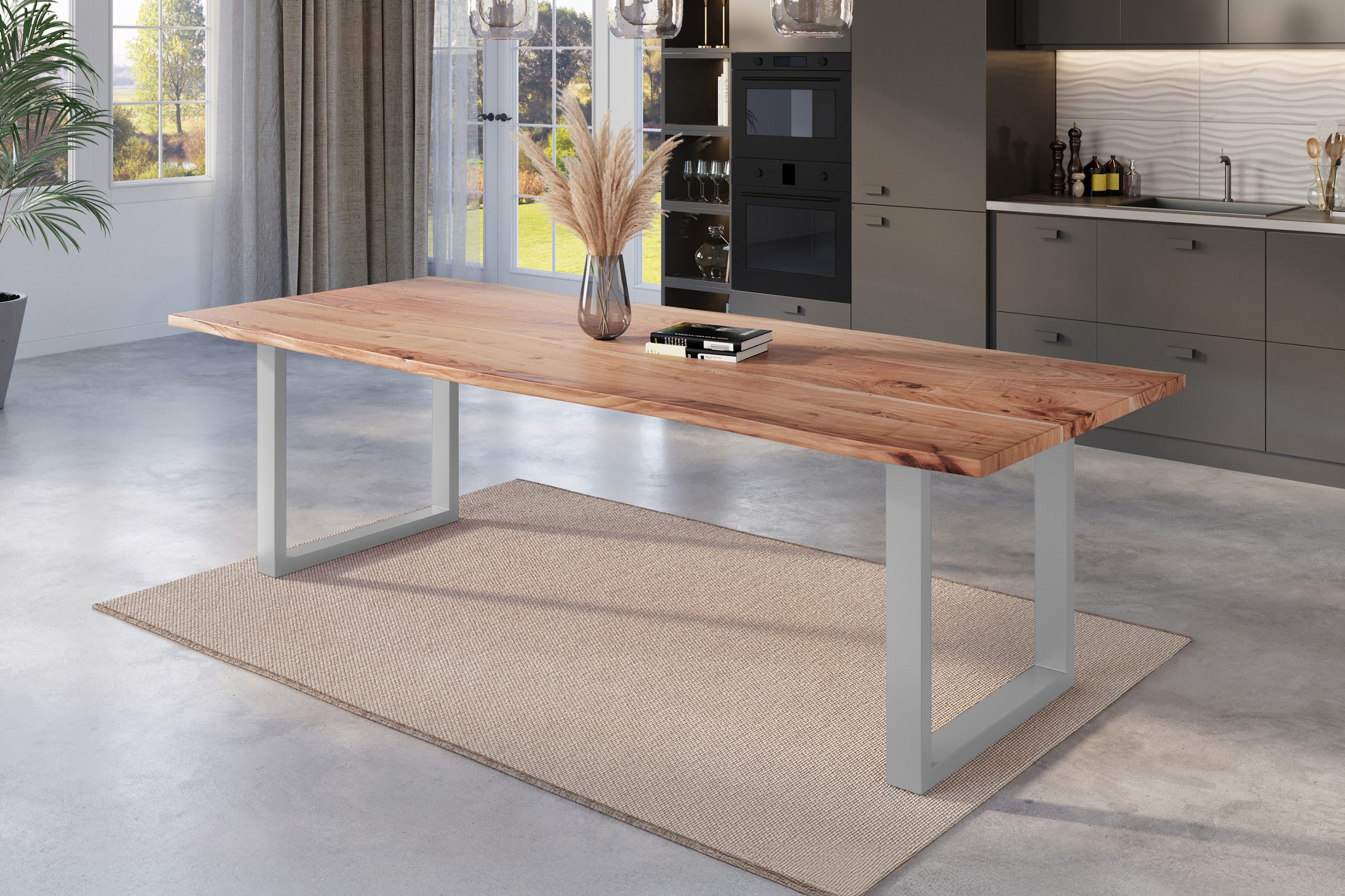 Esstisch Baumkante 300 x 100 cm Akazie natur massiv U-Gestell silber NICK