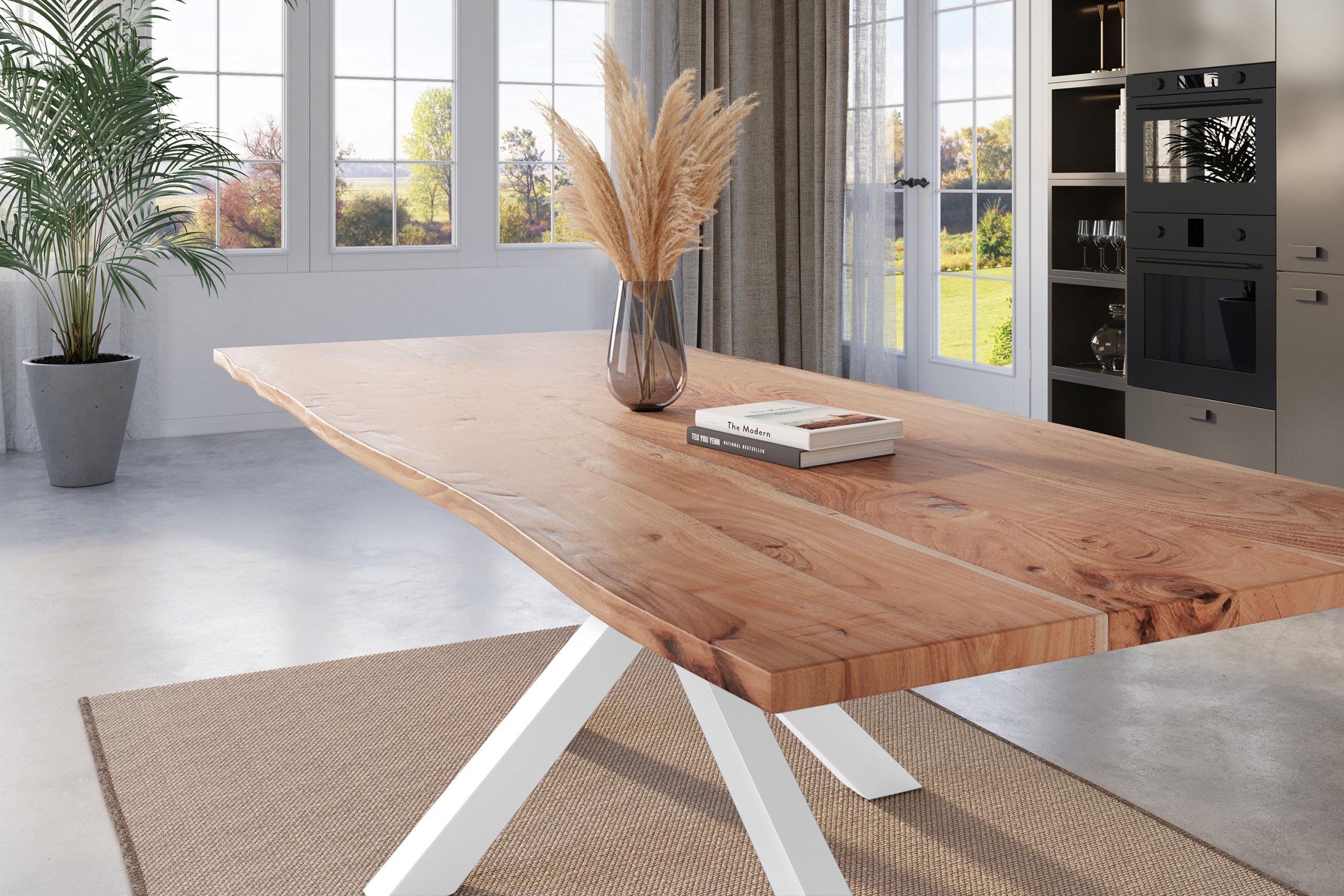 Esstisch Baumkante 260 x 100 cm Akazie natur massiv Spider-Gestell weiß KALEA