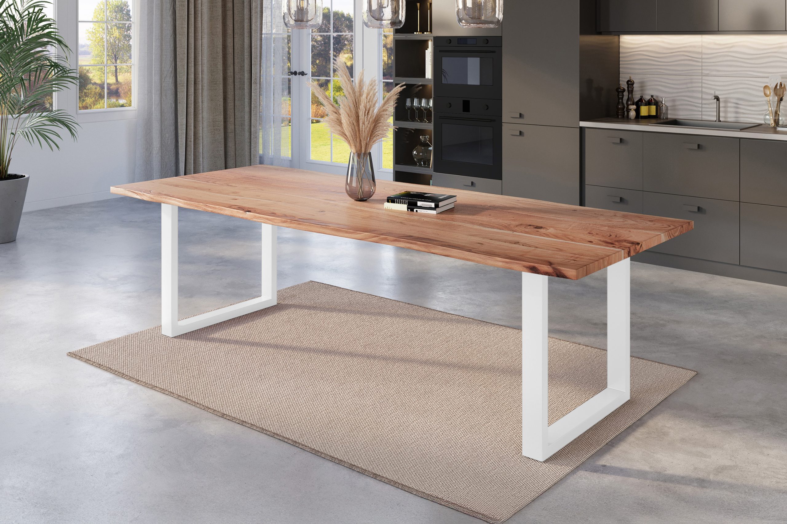 Esstisch Baumkante 280 x 100 cm Akazie natur massiv U-Gestell weiß NICK