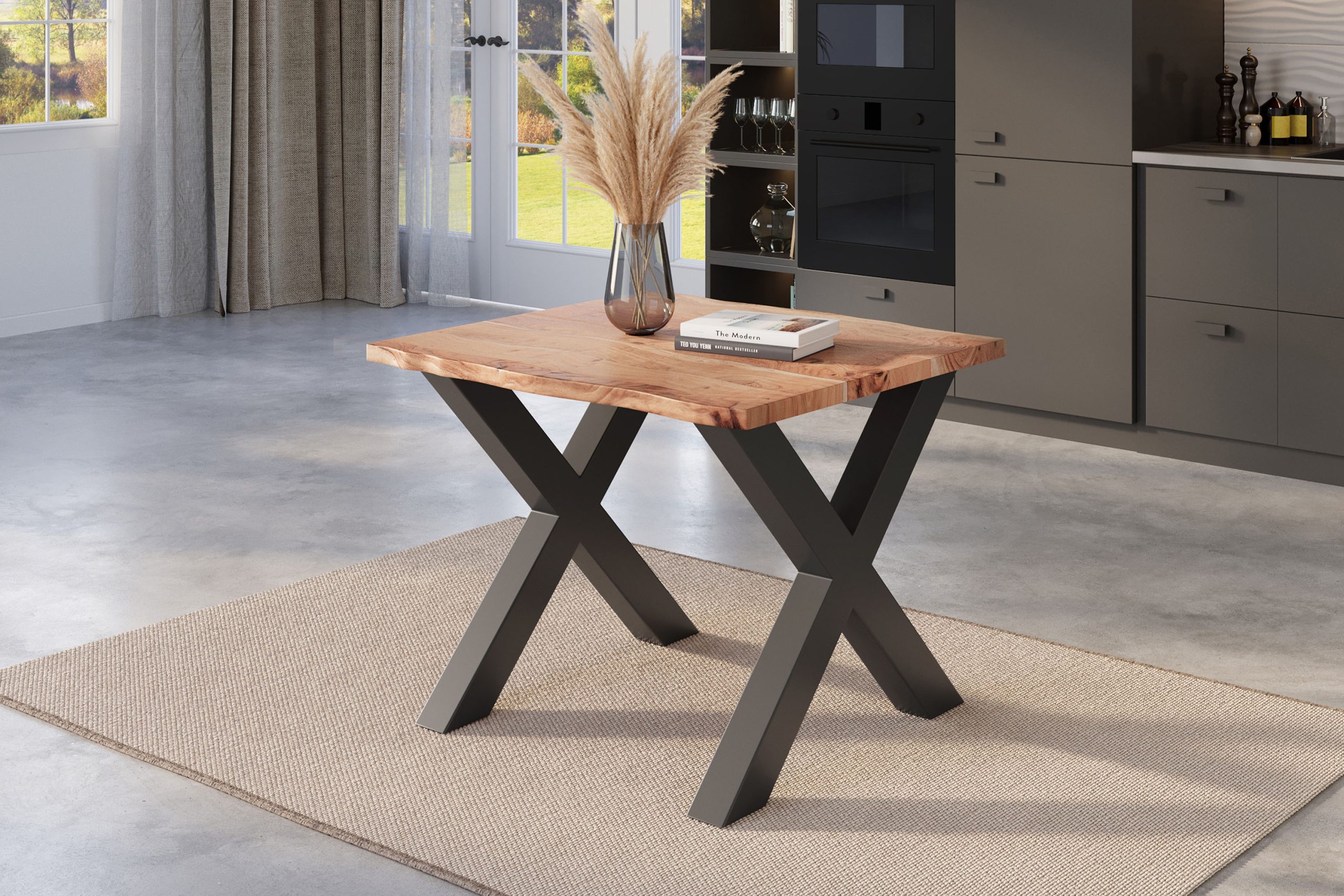 Esstisch Baumkante 80 x 80 cm Akazie natur massiv X-Gestell schwarz NICK