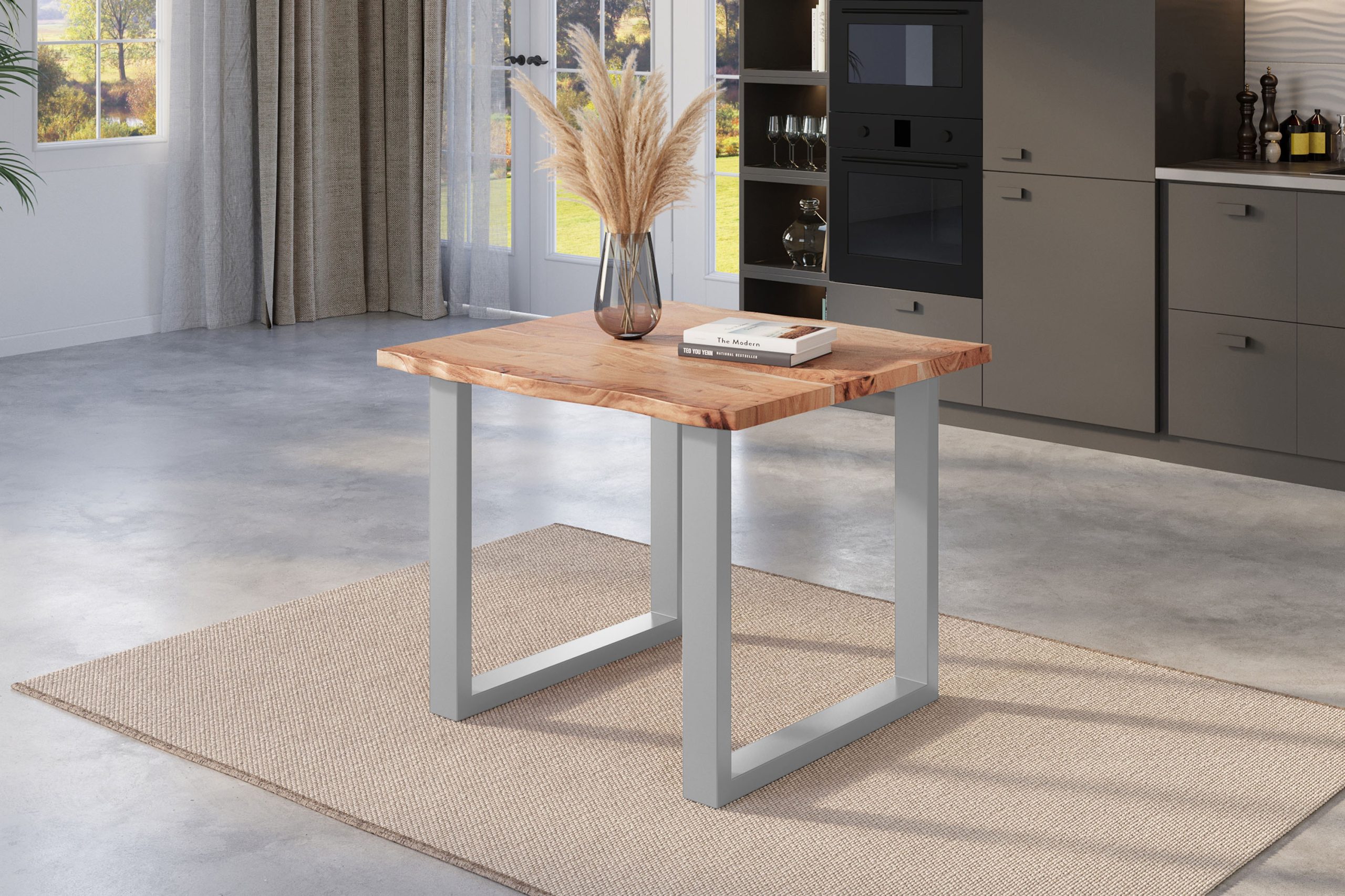 Esstisch Baumkante 80 x 80 cm Akazie natur massiv U-Gestell silber NICK