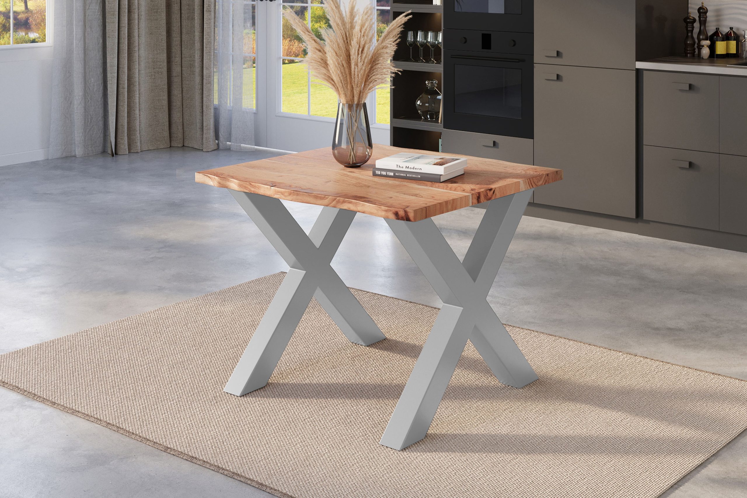 Esstisch Baumkante 80 x 80 cm Akazie natur massiv X-Gestell silber NICK