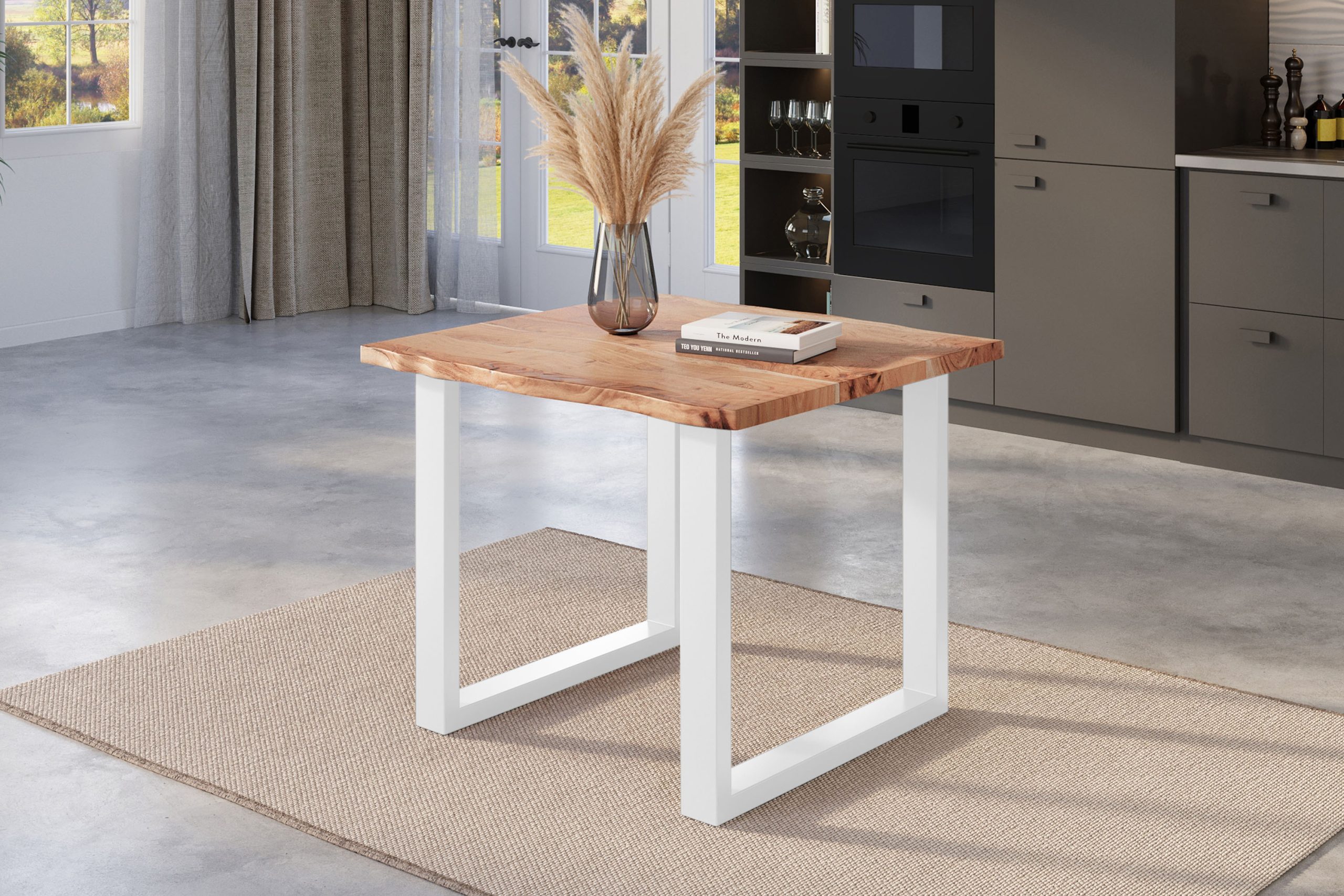 Esstisch Baumkante 80 x 80 cm Akazie natur massiv U-Gestell weiß NICK