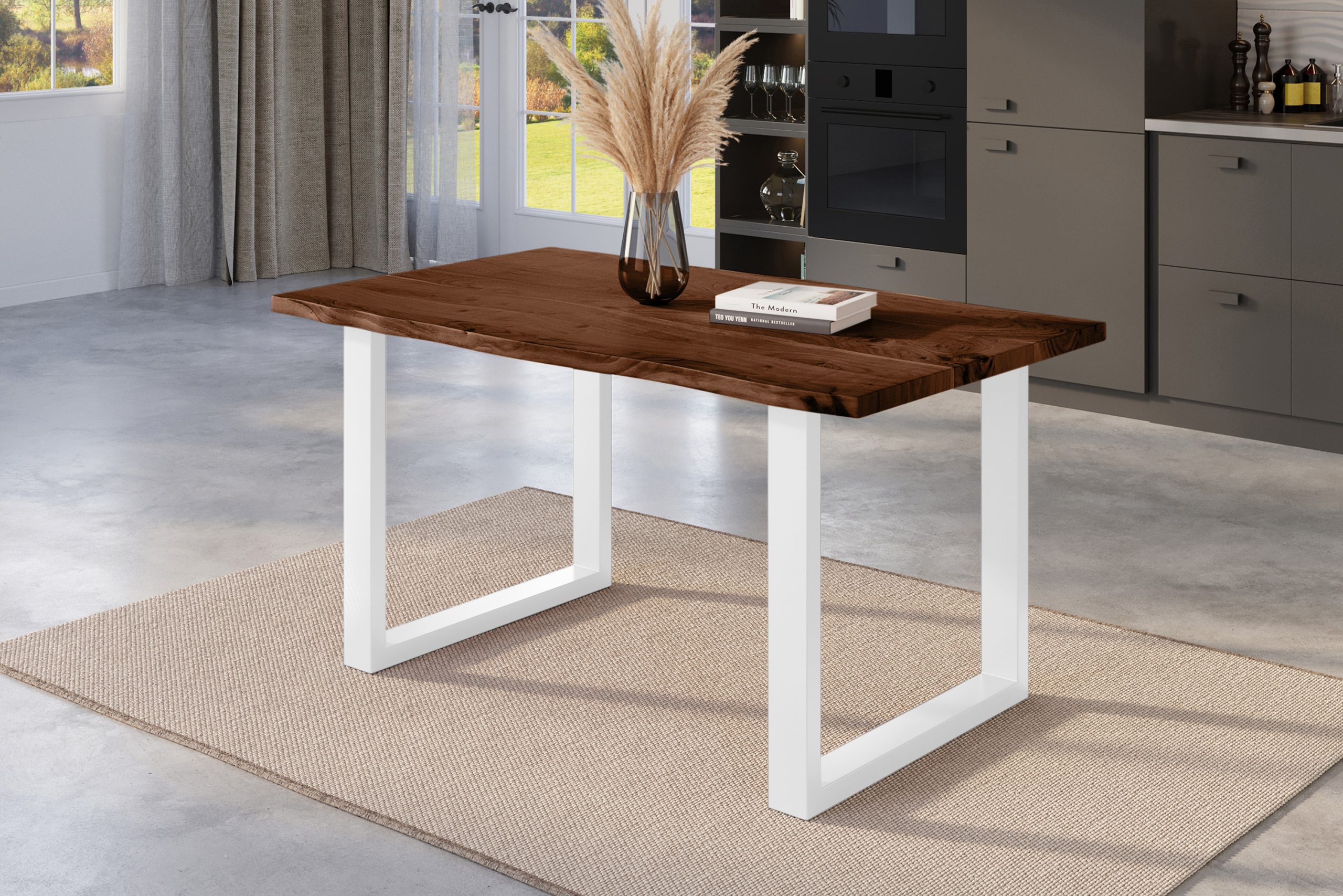 Esstisch Baumkante 120 x 80 cm Akazie nussbaum massiv U-Gestell weiß NICK